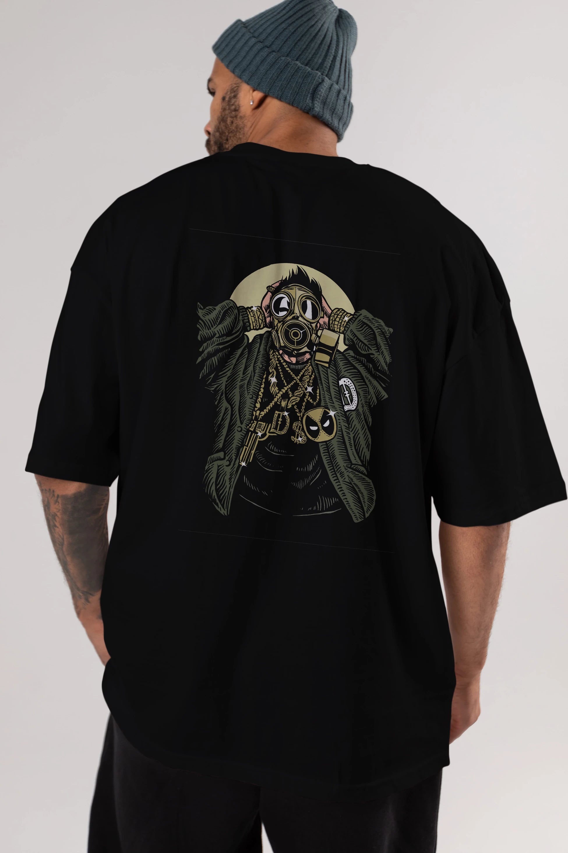 Gasmask Gangsta Arka Baskılı Oversize t-shirt Erkek Kadın Unisex %100 Pamuk
