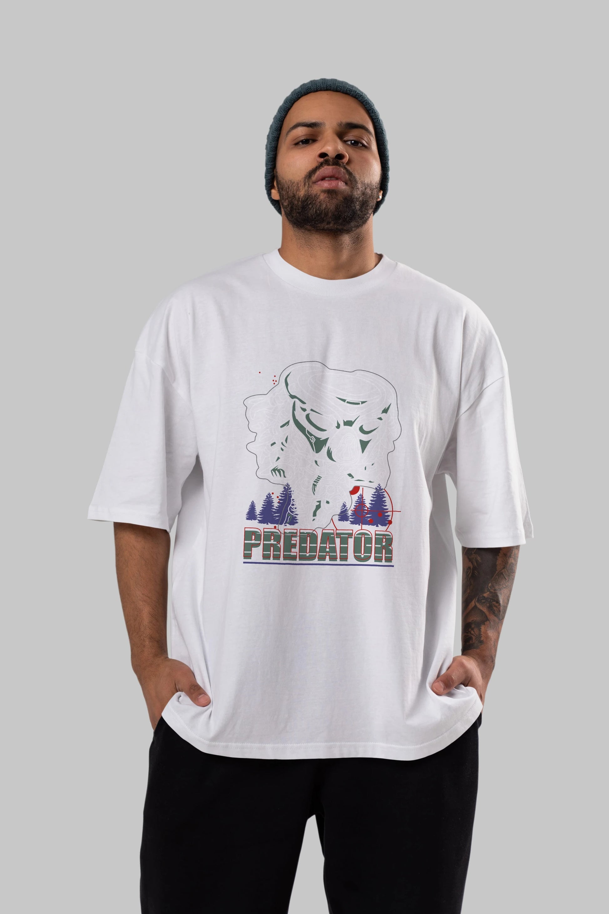 Predator Ön Baskılı Oversize t-shirt Erkek Kadın Unisex %100 Pamuk Bisiklet Yaka tişort