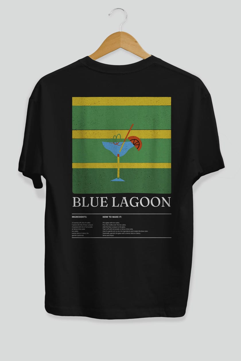 Blue Lagoon Kokteyl Serisi Arka Baskılı Oversize t-shirt Erkek Kadın %100 Pamuk Bisiklet Yaka tişort