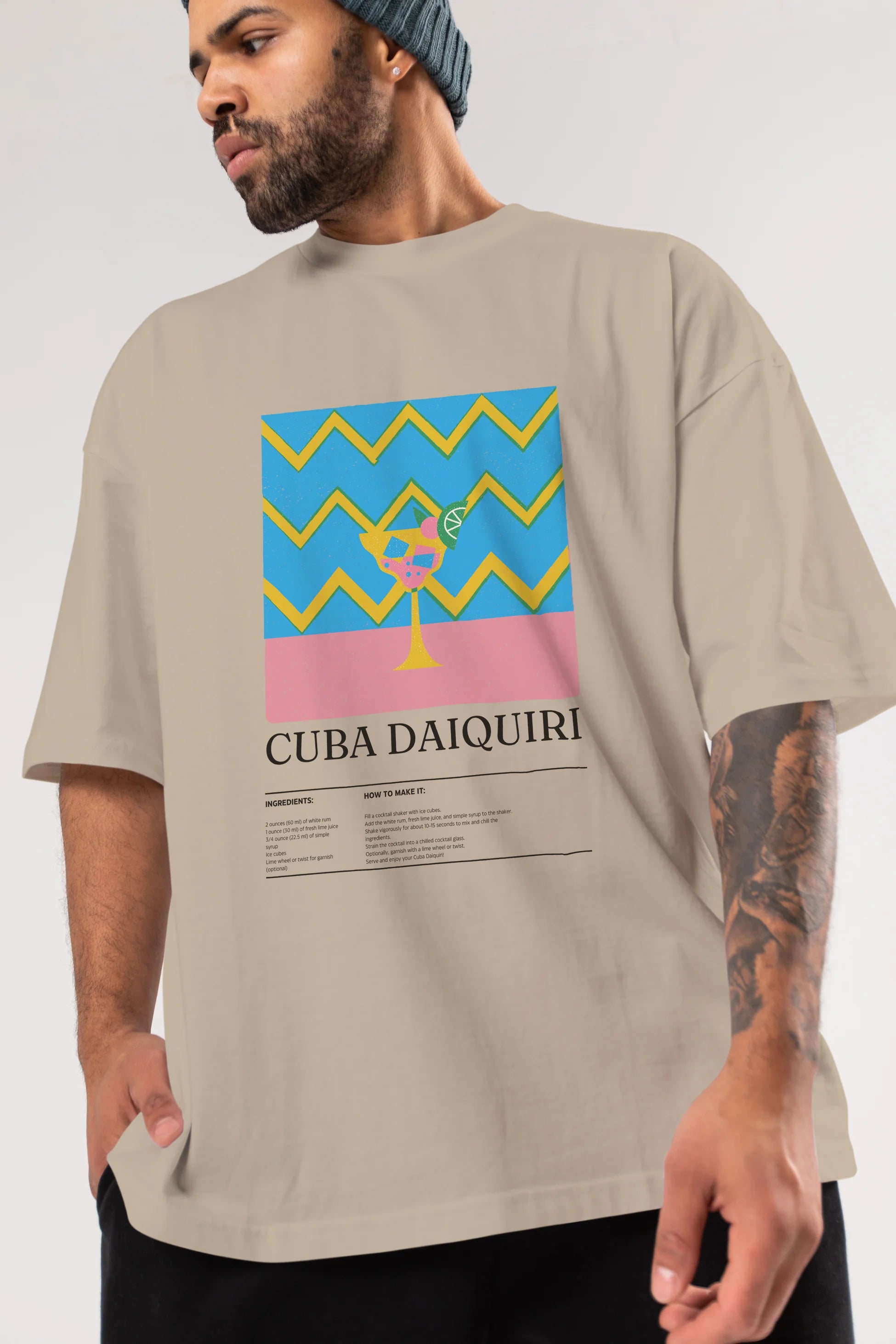 Cuba Daiquiri Kokteyl Ön Baskılı Oversize t-shirt Erkek Kadın %100 Pamuk Bisiklet Yaka tişort