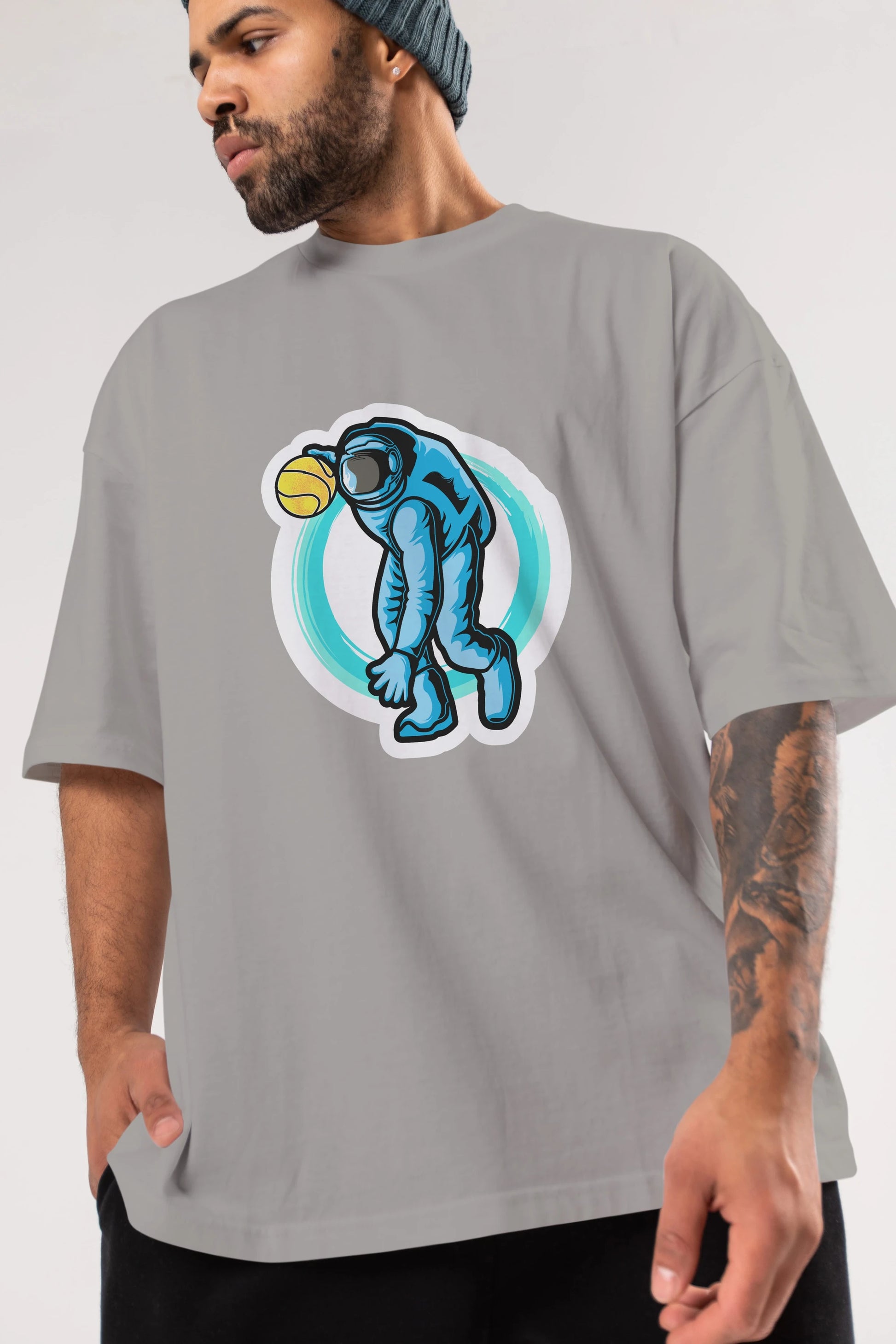 Astronaut Dribble Sticker Ön Baskılı Oversize t-shirt Erkek Kadın Unisex