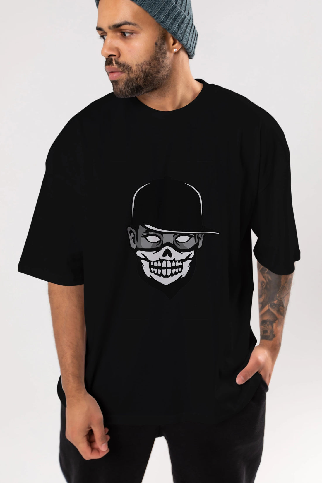 Skull Mask Ön Baskılı Oversize t-shirt Erkek Kadın Unisex %100 Pamuk tişort