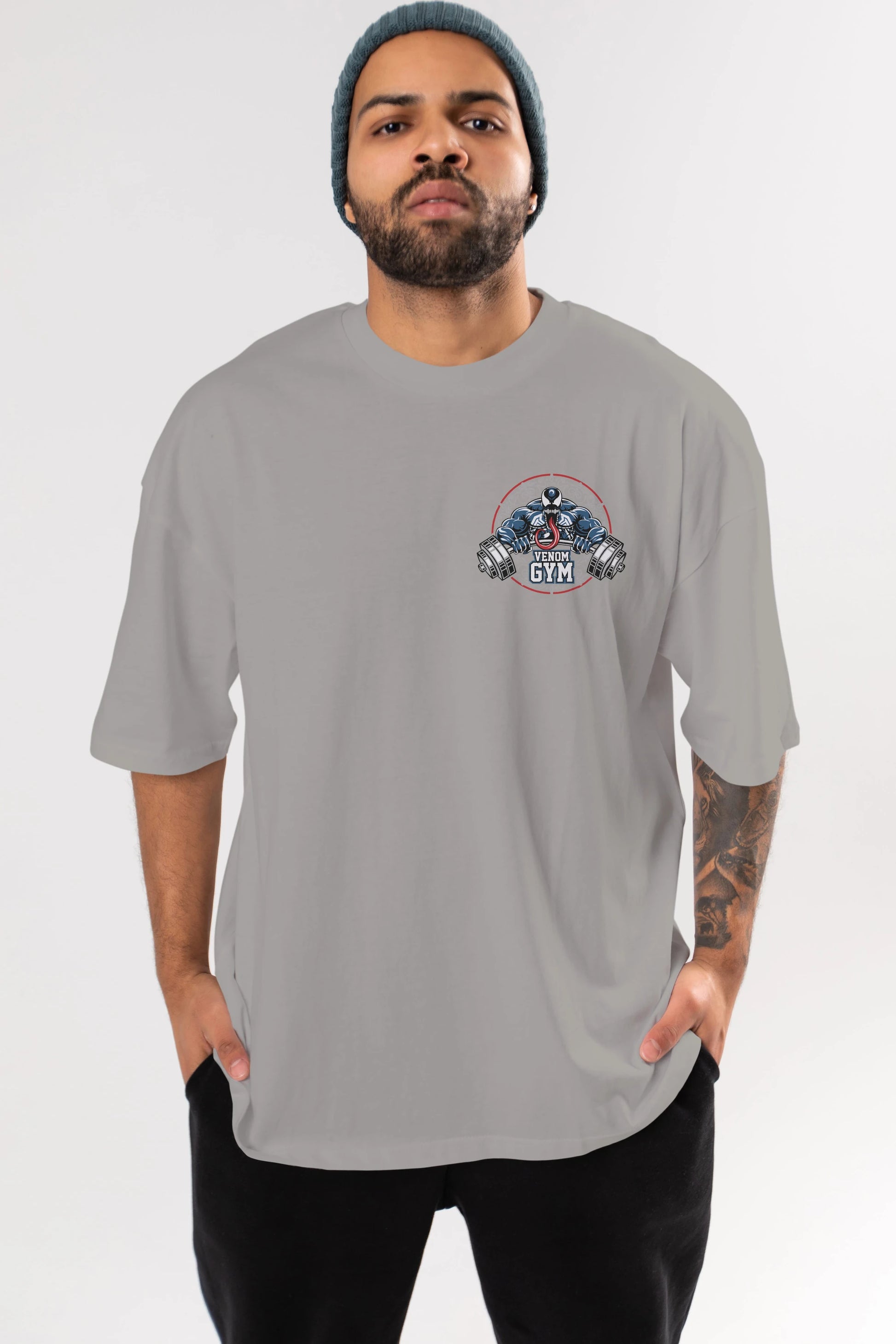 Venom GYM Ön Sol Baskılı Oversize t-shirt Erkek Kadın Unisex %100 Pamuk Bisiklet Yaka tişort