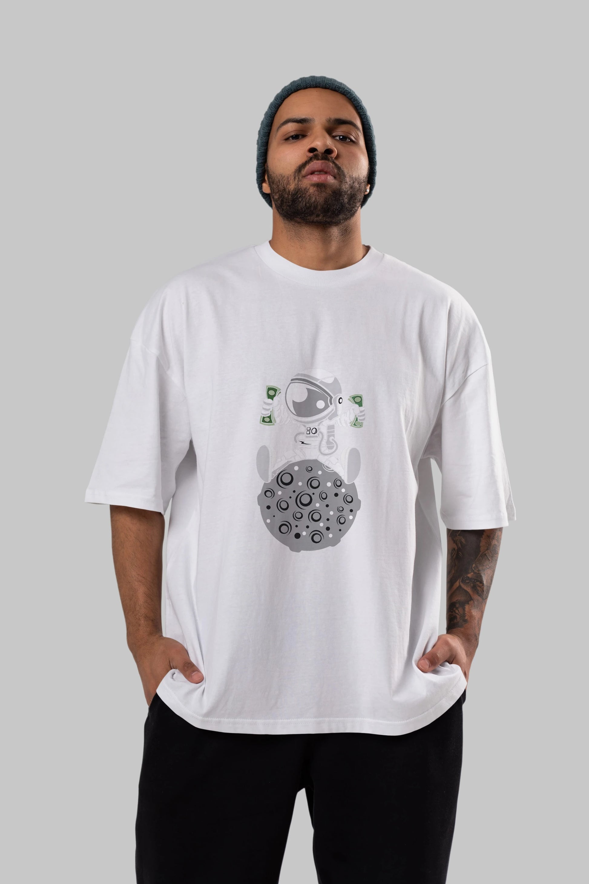 Astronaut Dollar Ön Baskılı Oversize t-shirt Erkek Kadın Unisex %100 Pamuk tişort