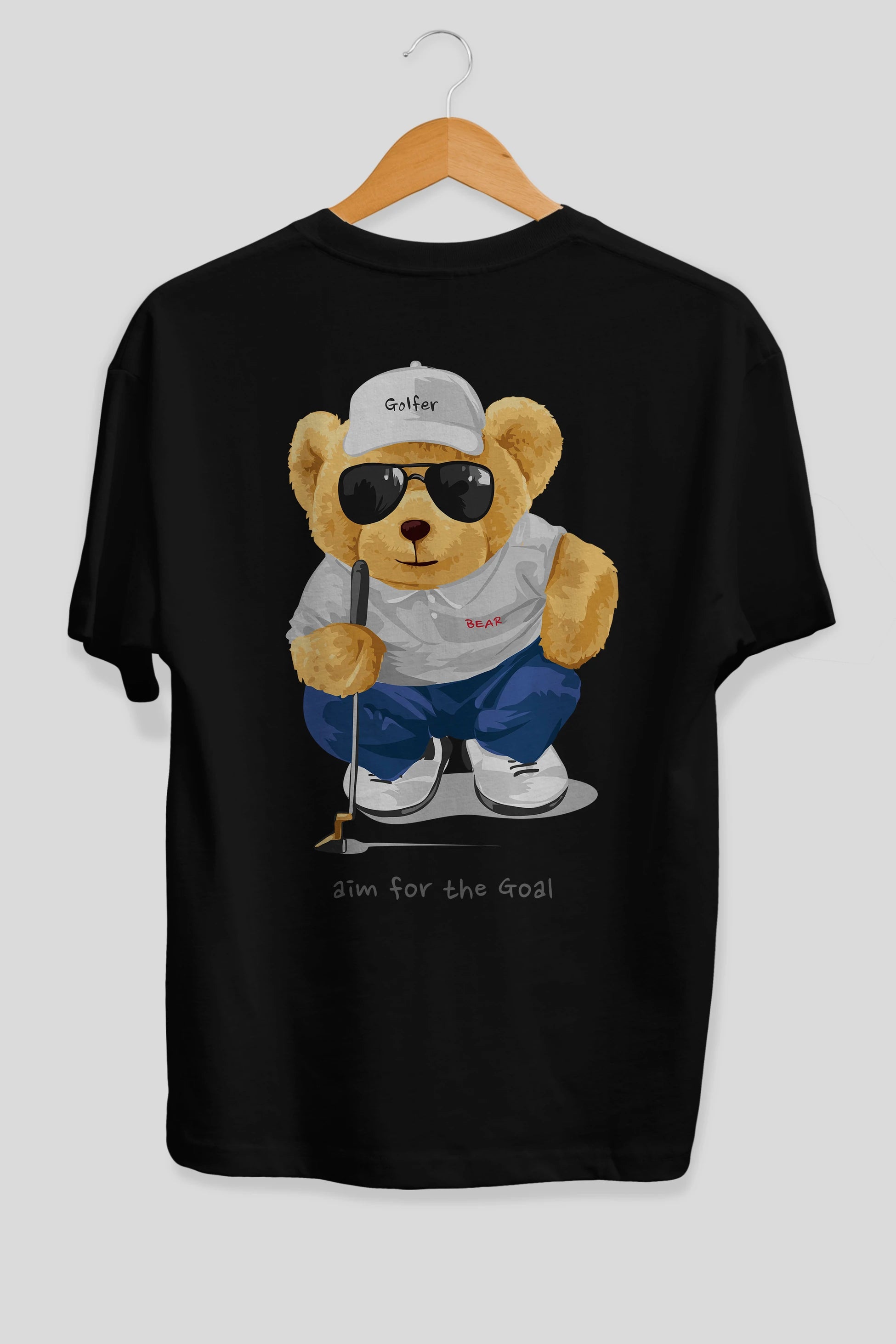 Teddy Bear Golfer Arka Baskılı Oversize t-shirt Erkek Kadın Unisex %100 Pamuk