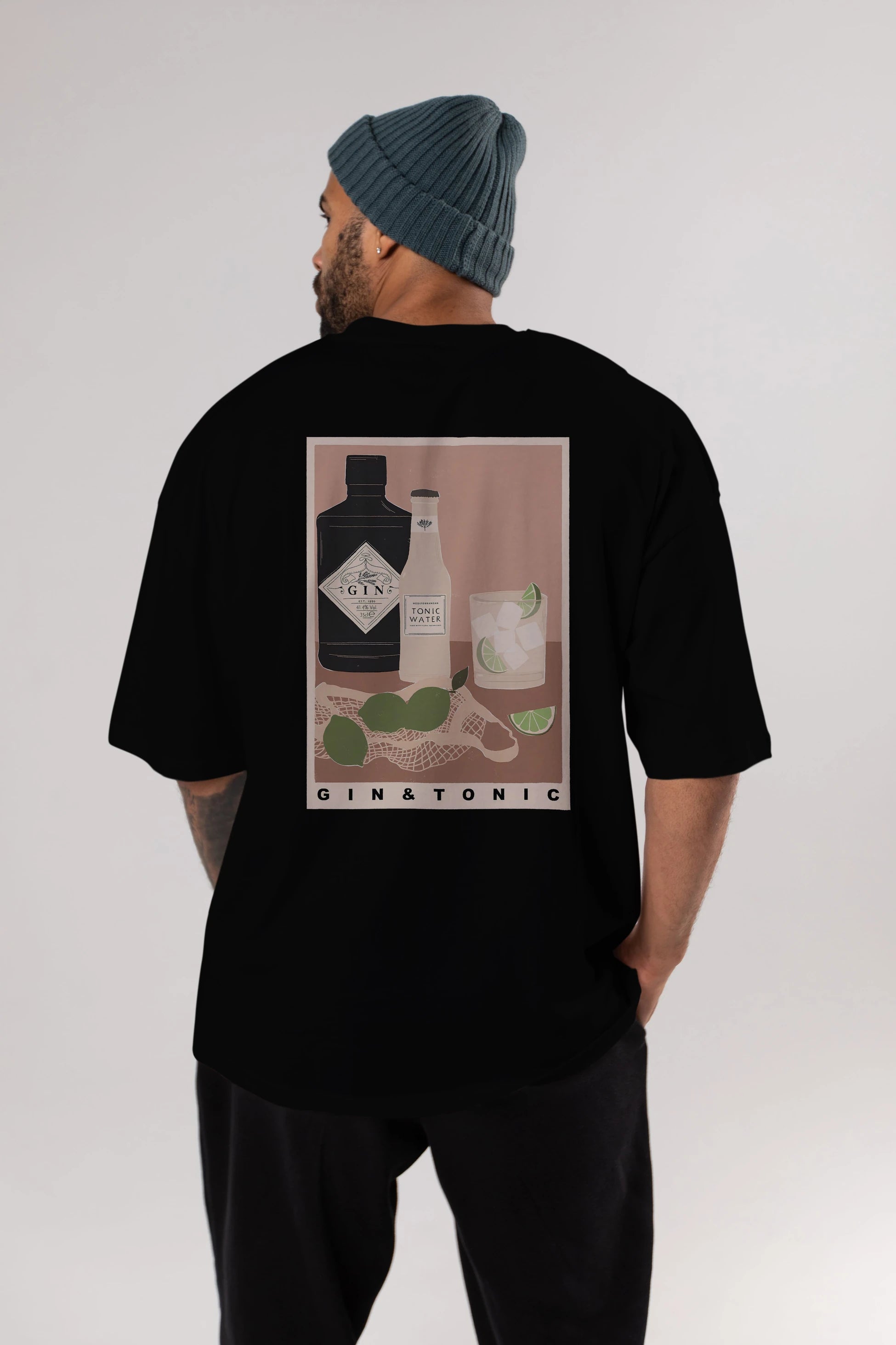 Gin Tonic Arka Baskılı Oversize t-shirt Erkek Kadın Unisex %100 Pamuk Bisiklet Yaka tişort