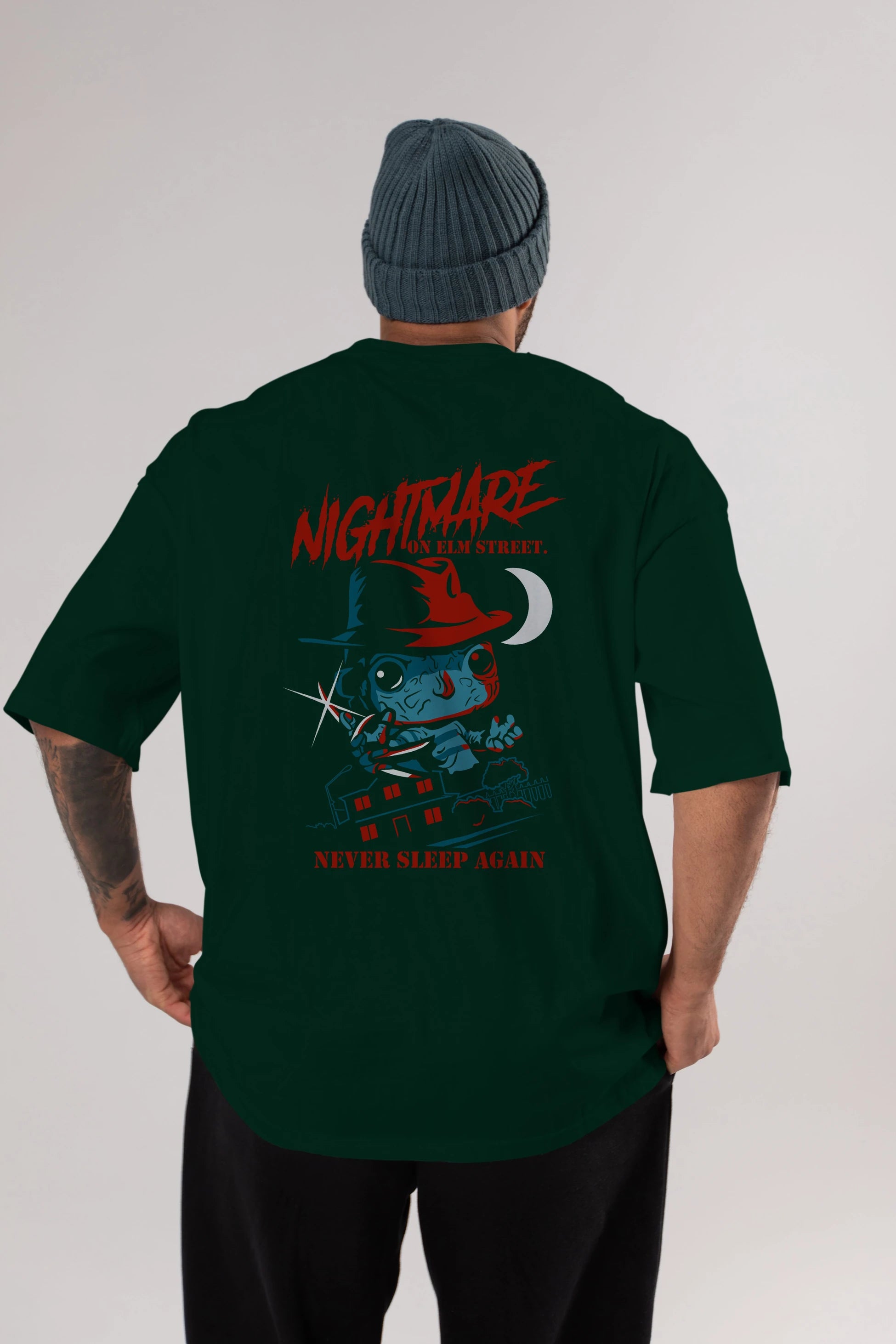 Nightmare Elm Sokağı Arka Baskılı Oversize t-shirt Erkek Kadın Unisex %100 Pamuk Bisiklet Yaka tişort