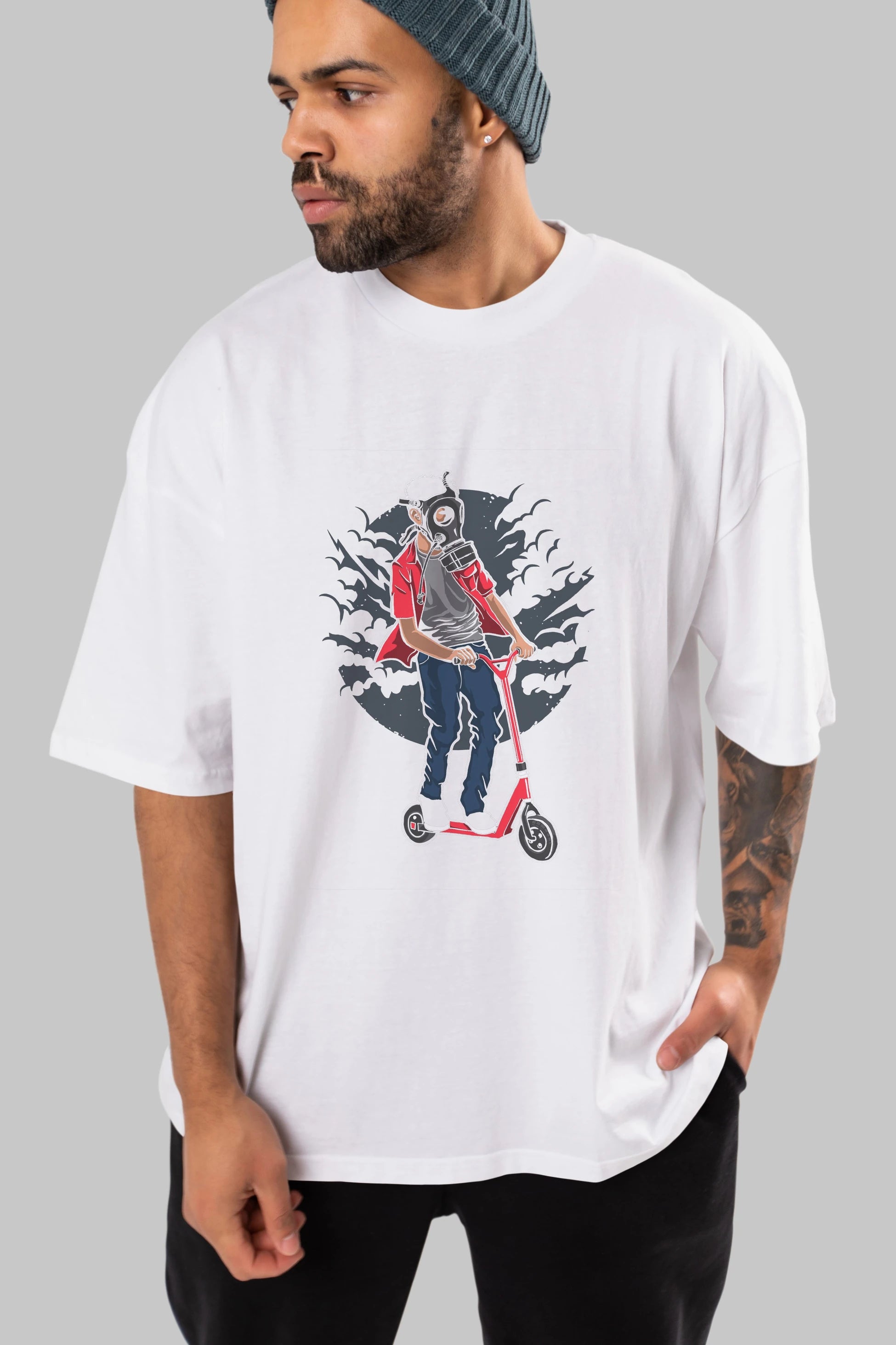 Gasmask Rider Ön Baskılı Oversize t-shirt Erkek Kadın Unisex %100 Pamuk tişort