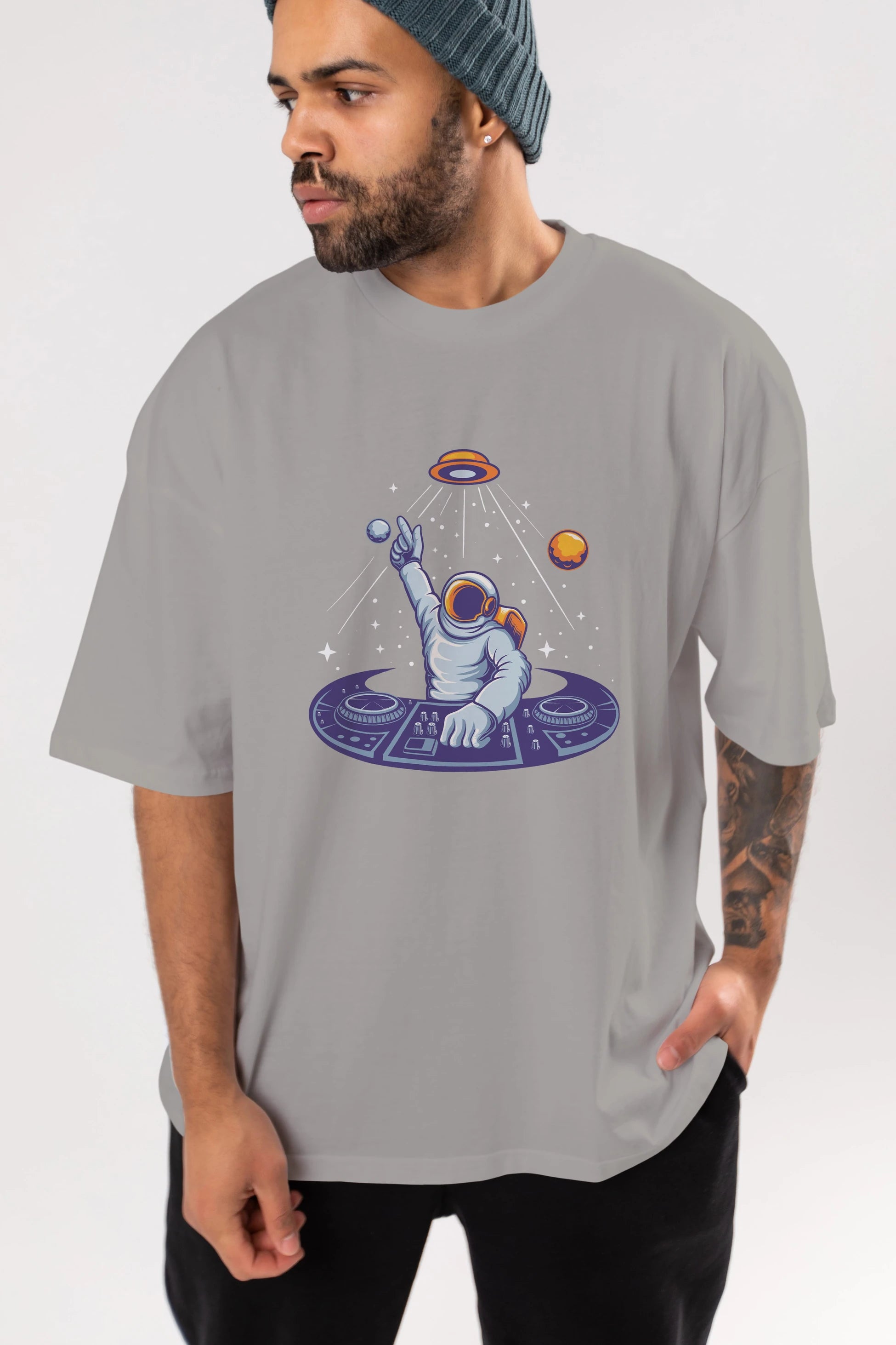 Astronaut Disk Jockey Party Ön Baskılı Oversize t-shirt Erkek Kadın Unisex
