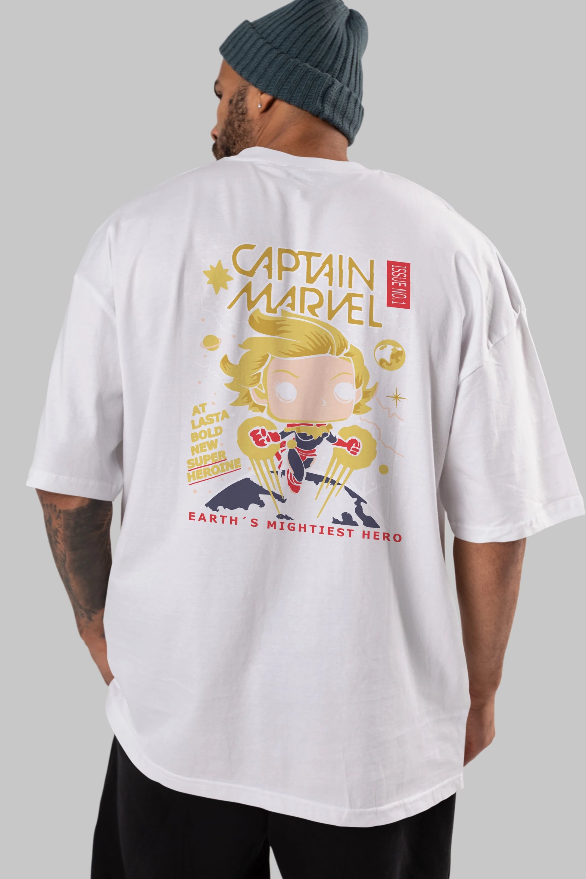 Captain Marvel Arka Baskılı Oversize t-shirt Erkek Kadın Unisex %100 Pamuk Bisiklet Yaka tişort