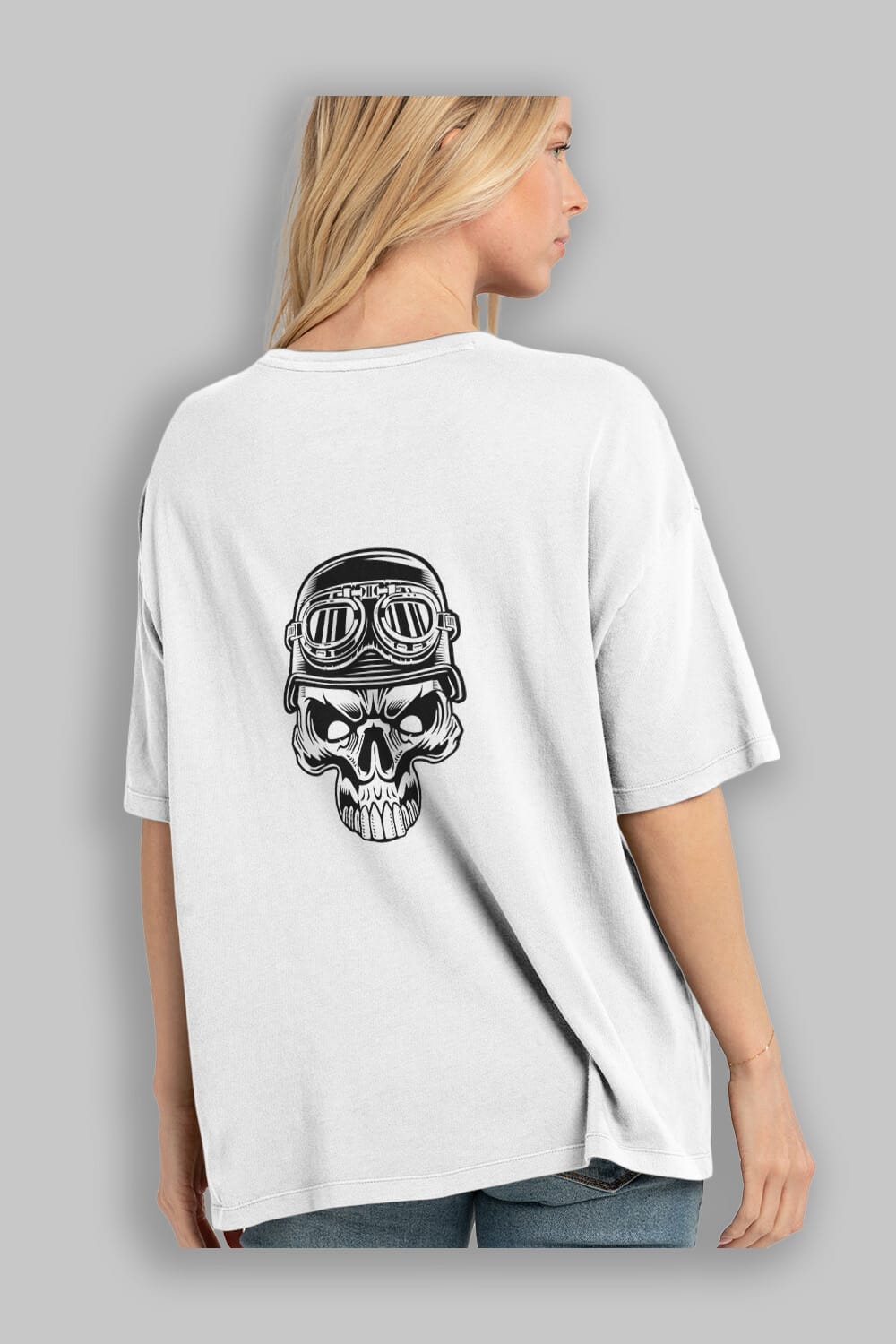 Biker Skull Helmet Arka Baskılı Oversize t-shirt Erkek Kadın Unisex %100 Pamuk tişort