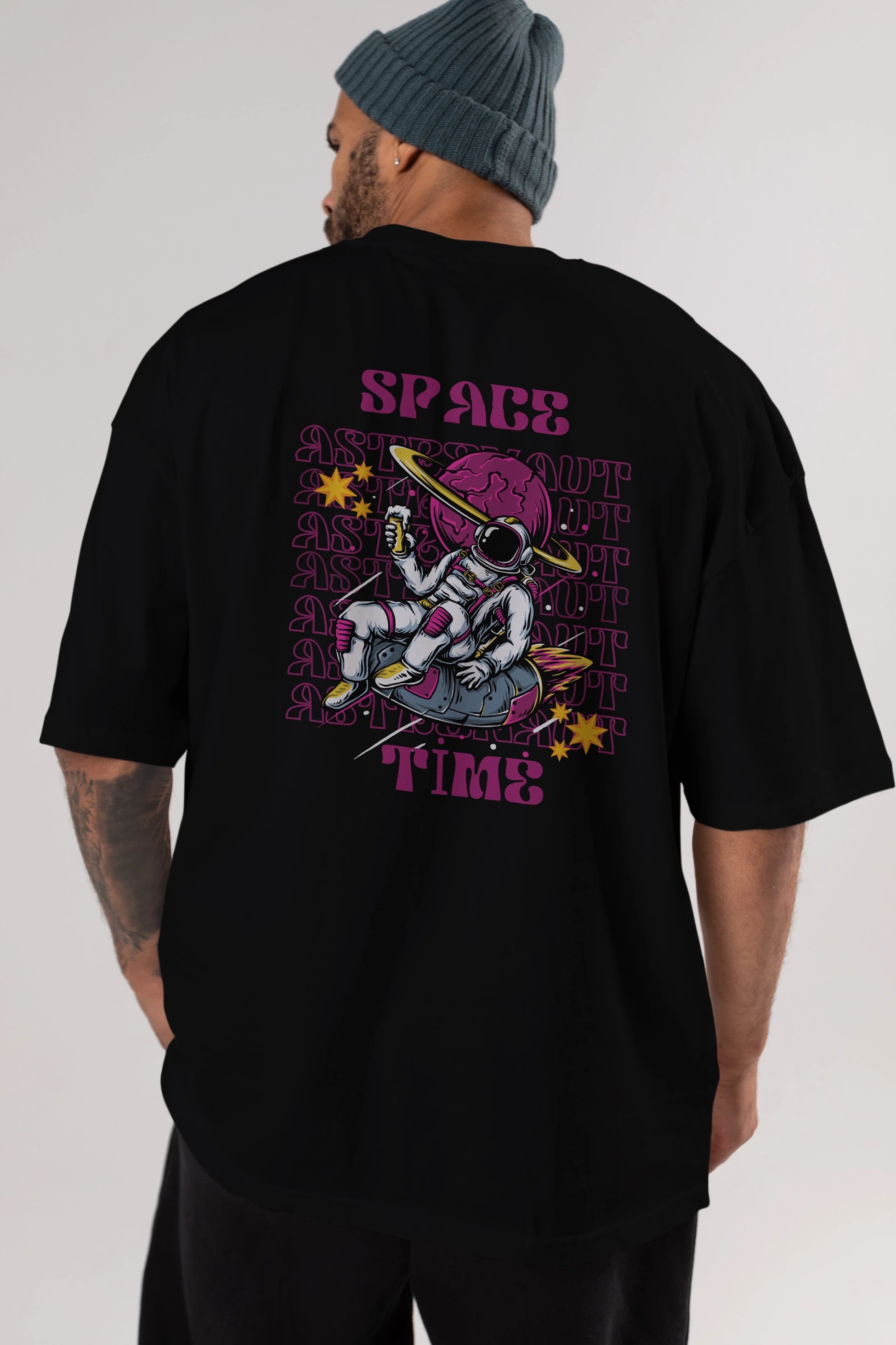 Space Time Astronaut Yazılı Arka Baskılı Oversize t-shirt Erkek Kadın Unisex