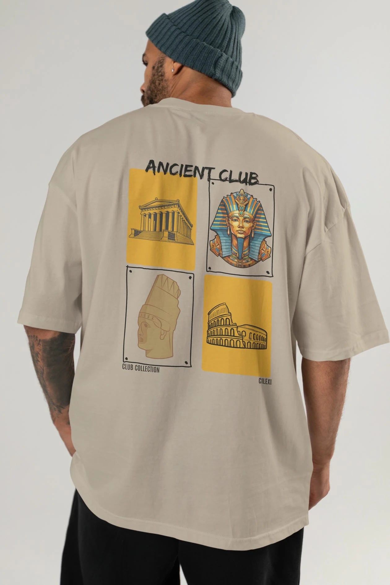 Ancient Club Arka Baskılı Oversize t-shirt Erkek Kadın %100 Pamuk Bisiklet Yaka tişort