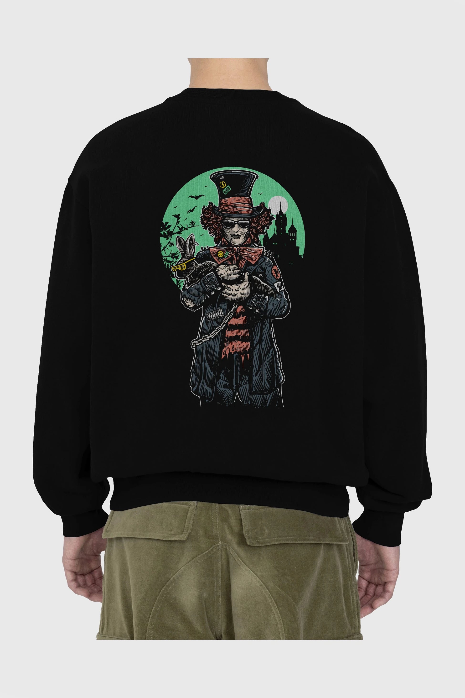 Mad Hatter Arka Baskılı Oversize Sweatshirt Erkek Kadın Unisex