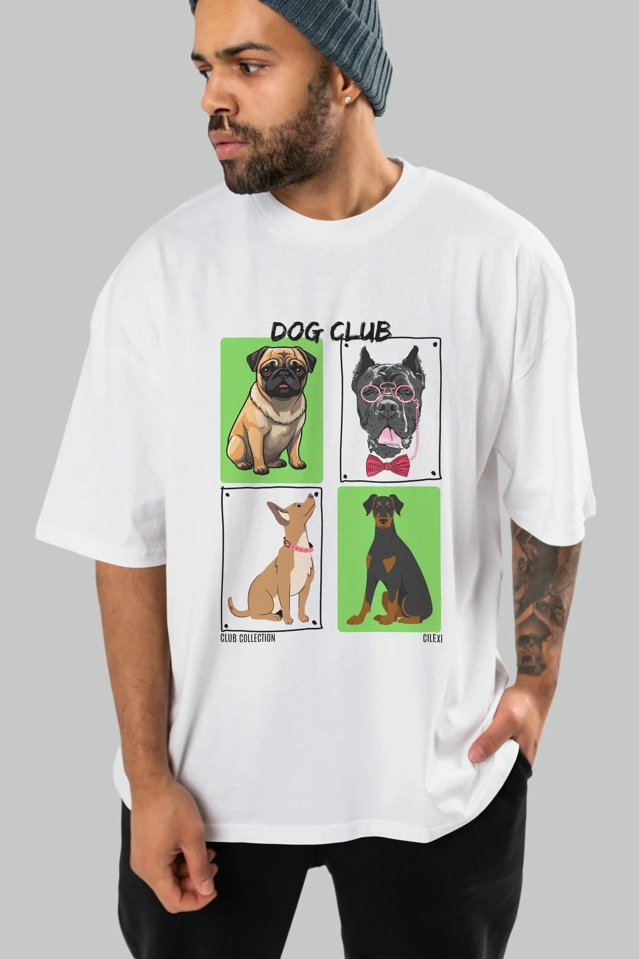 Dog Club ön Baskılı Oversize t-shirt Erkek Kadın %100 Pamuk Bisiklet Yaka tişort