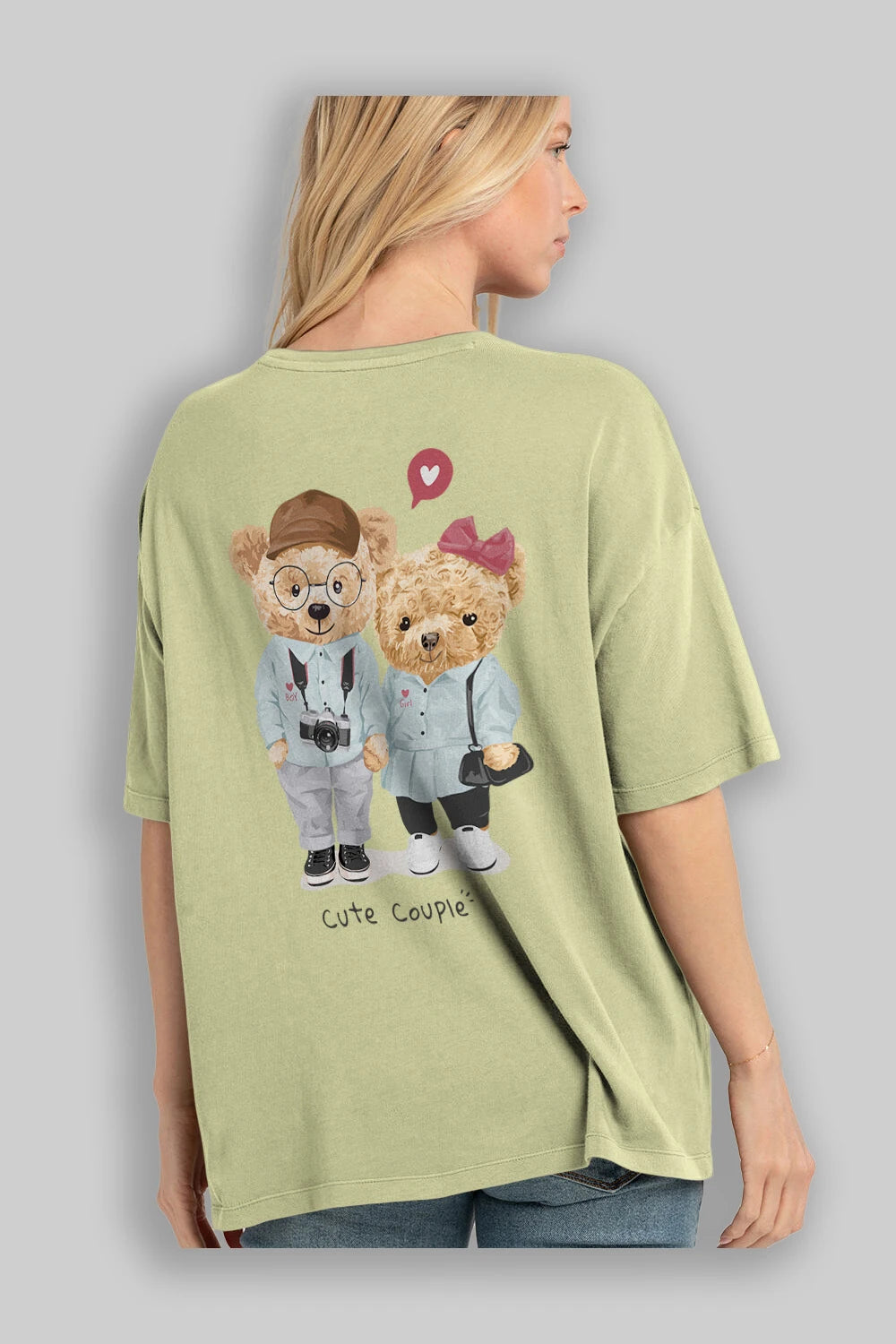 Teddy Bear Cute Couple Arka Baskılı Oversize t-shirt Erkek Kadın Unisex %100 Pamuk