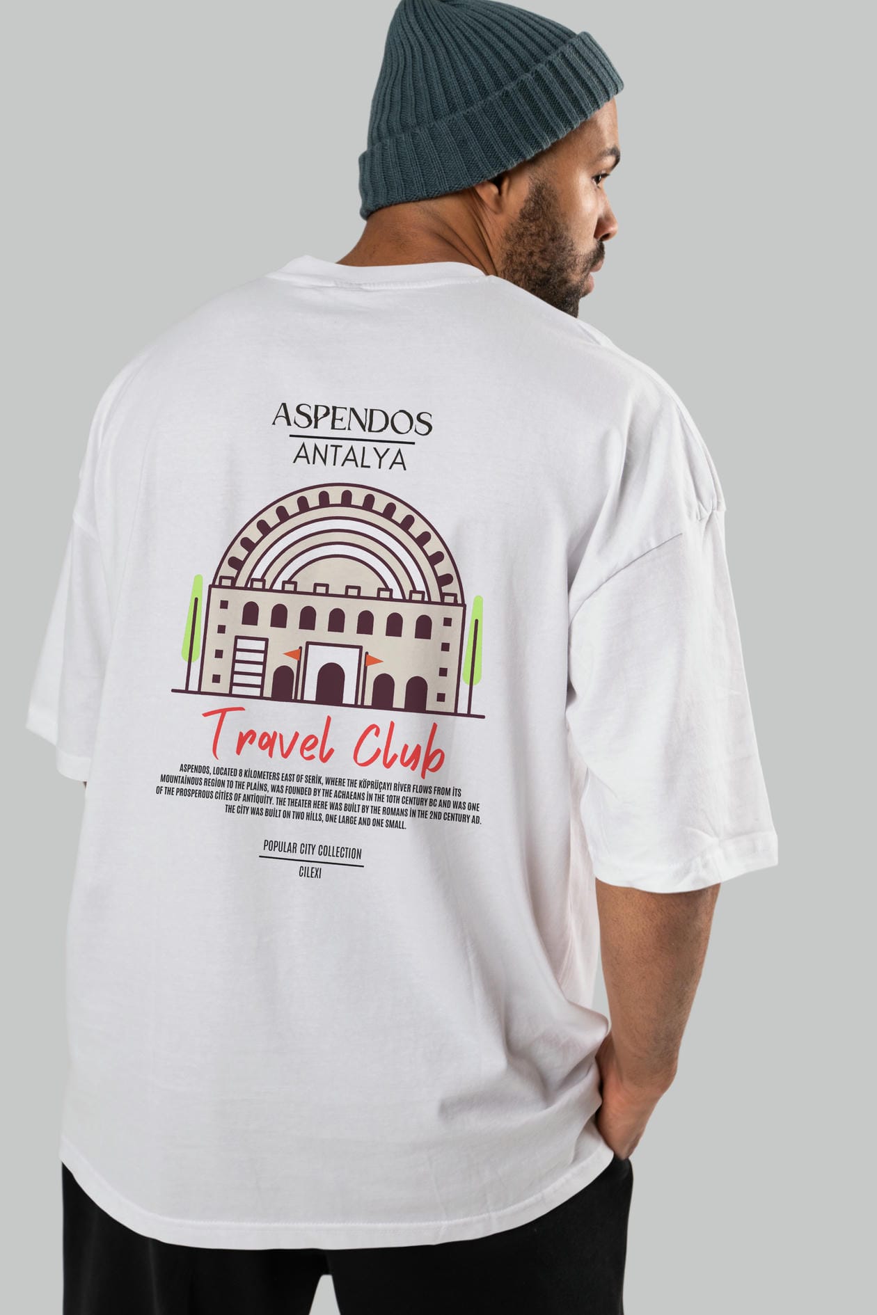 Aspendos Antalya Arka Baskılı Oversize t-shirt Erkek Kadın Pamuk Bisiklet Yaka tişort