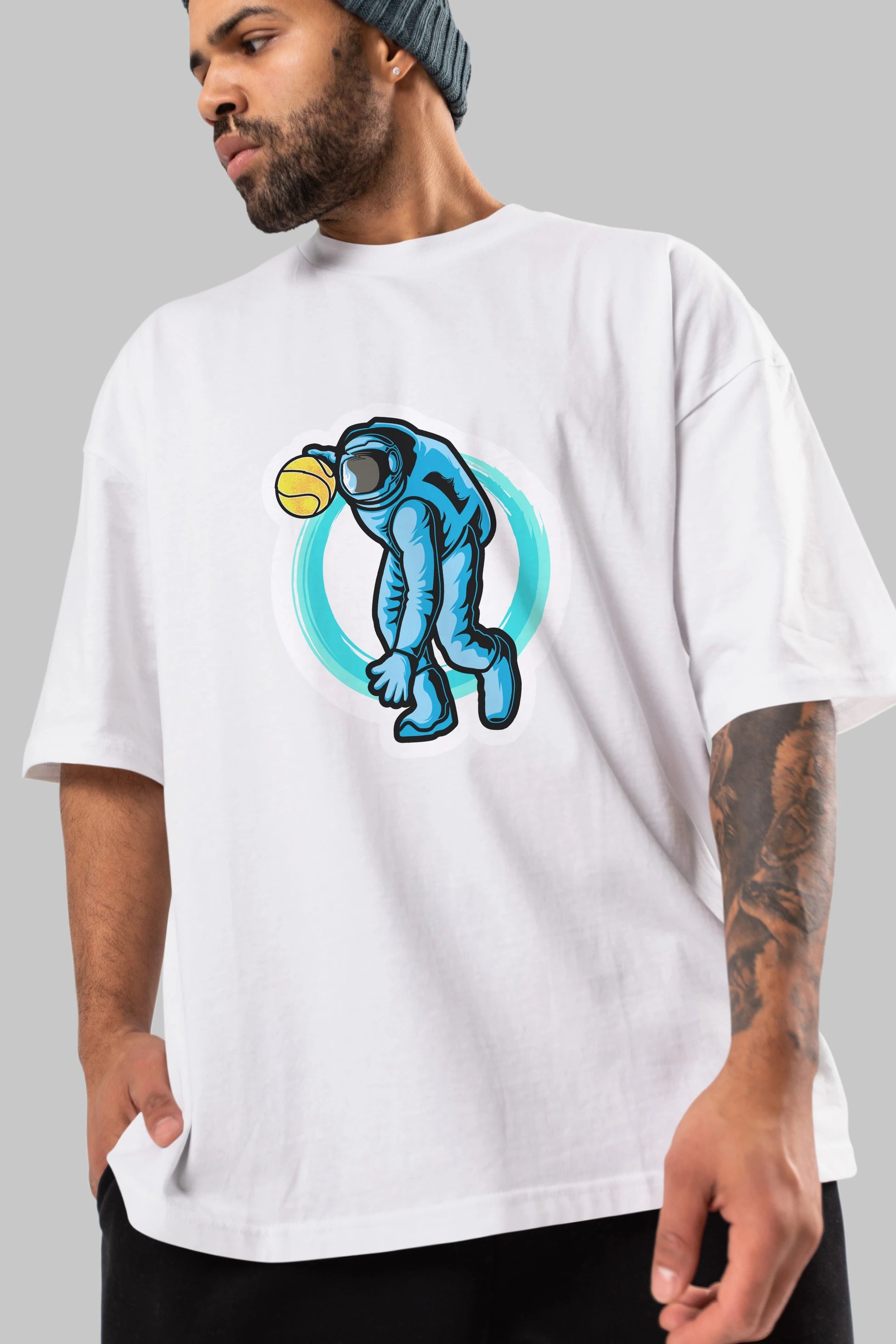 Astronaut Dribble Sticker Ön Baskılı Oversize t-shirt Erkek Kadın Unisex