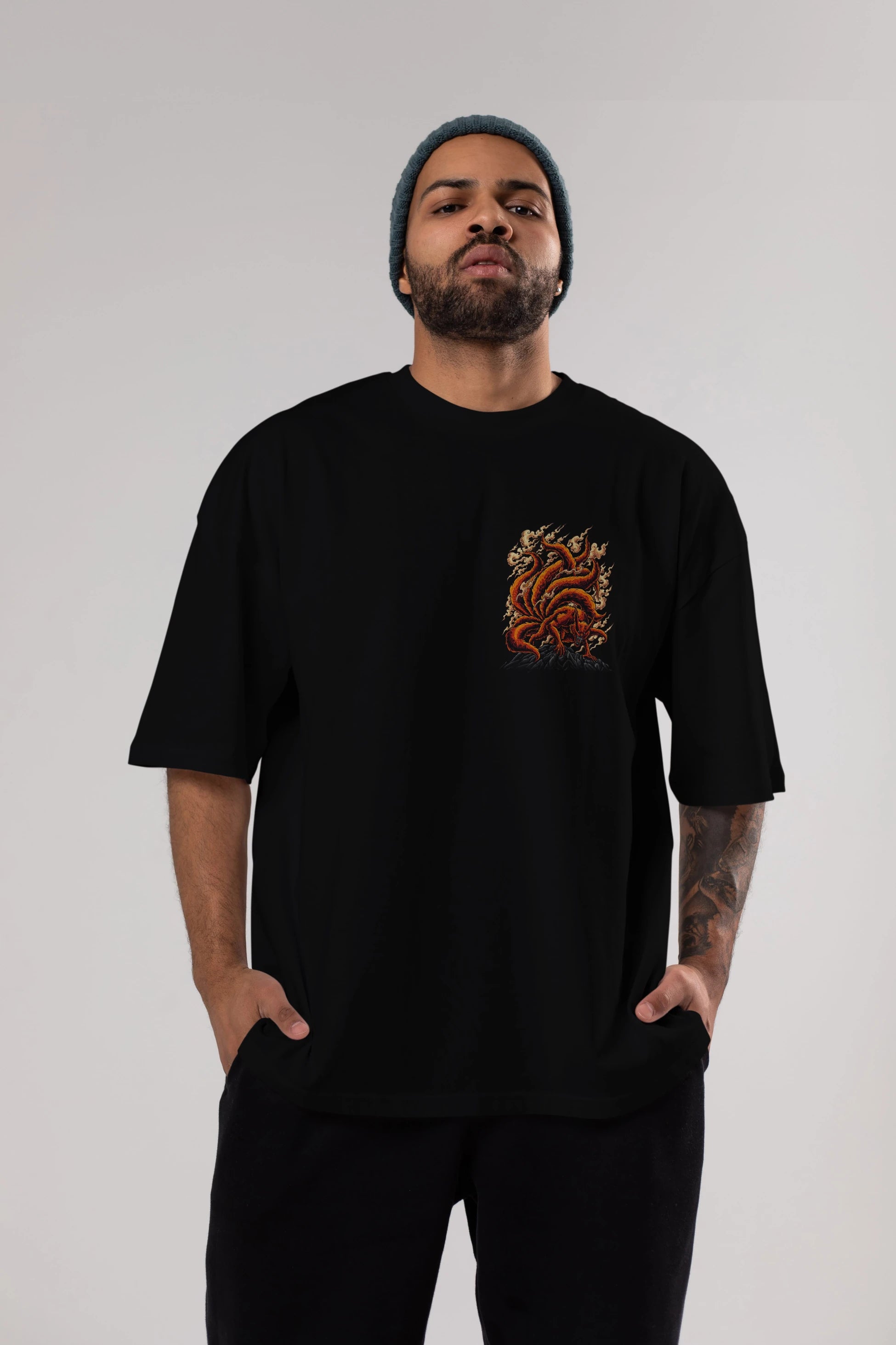 NARUTO KYUUBI Ön Sol Baskılı Oversize t-shirt Erkek Kadın Unisex %100 Pamuk Bisiklet Yaka tişort