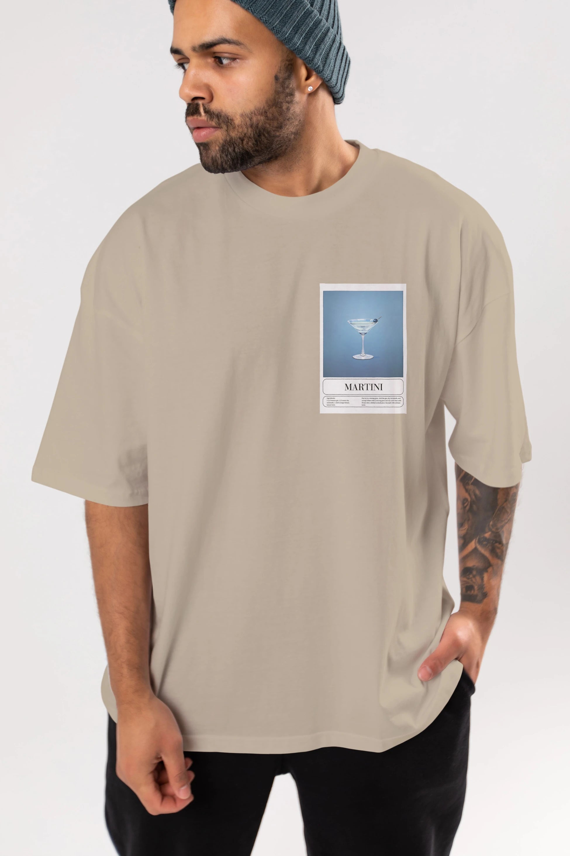 Martini Ön Sol Baskılı Oversize t-shirt Erkek Kadın Unisex %100 Pamuk Bisiklet Yaka tişort