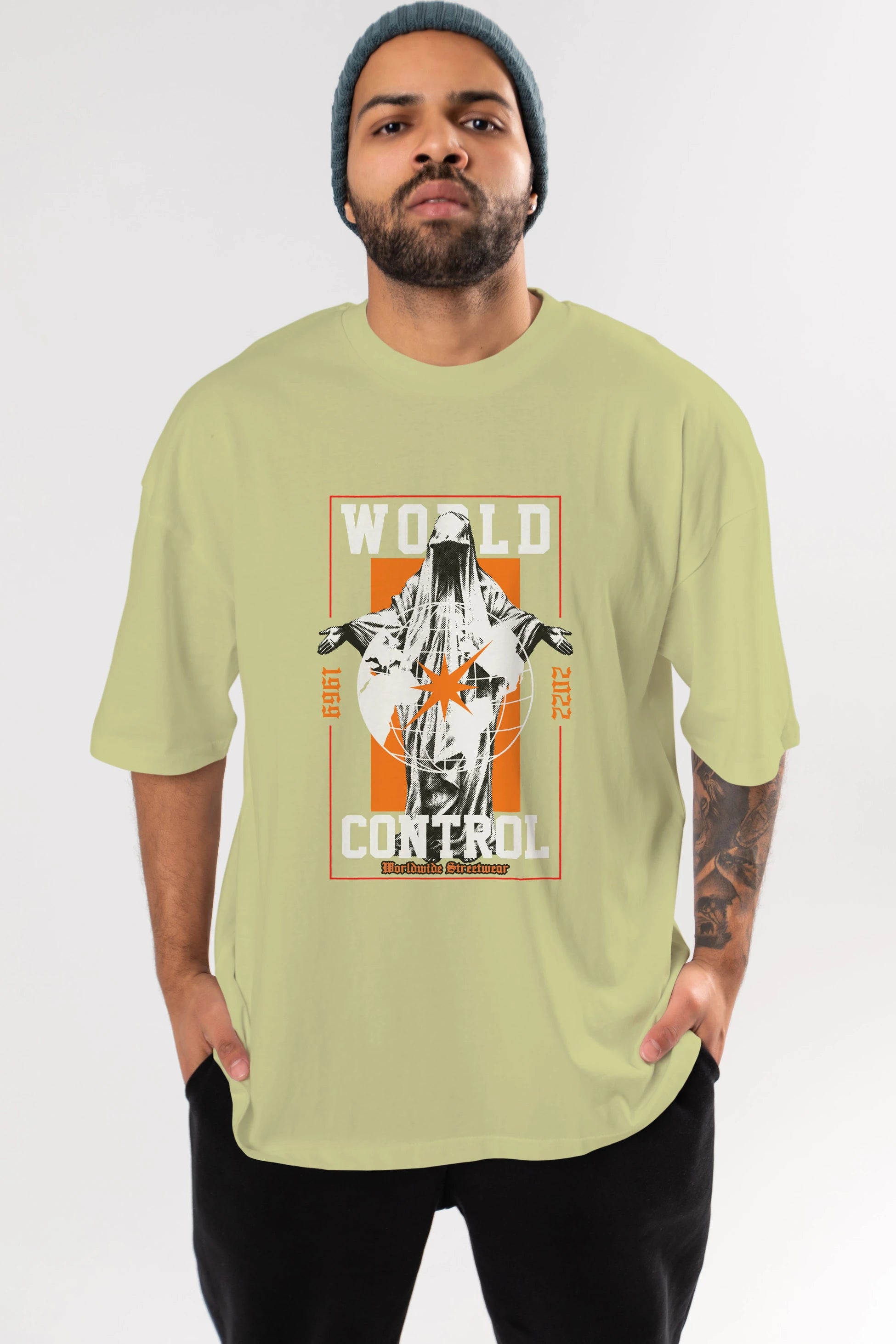 World Control Ön Baskılı Oversize t-shirt Erkek Kadın Unisex