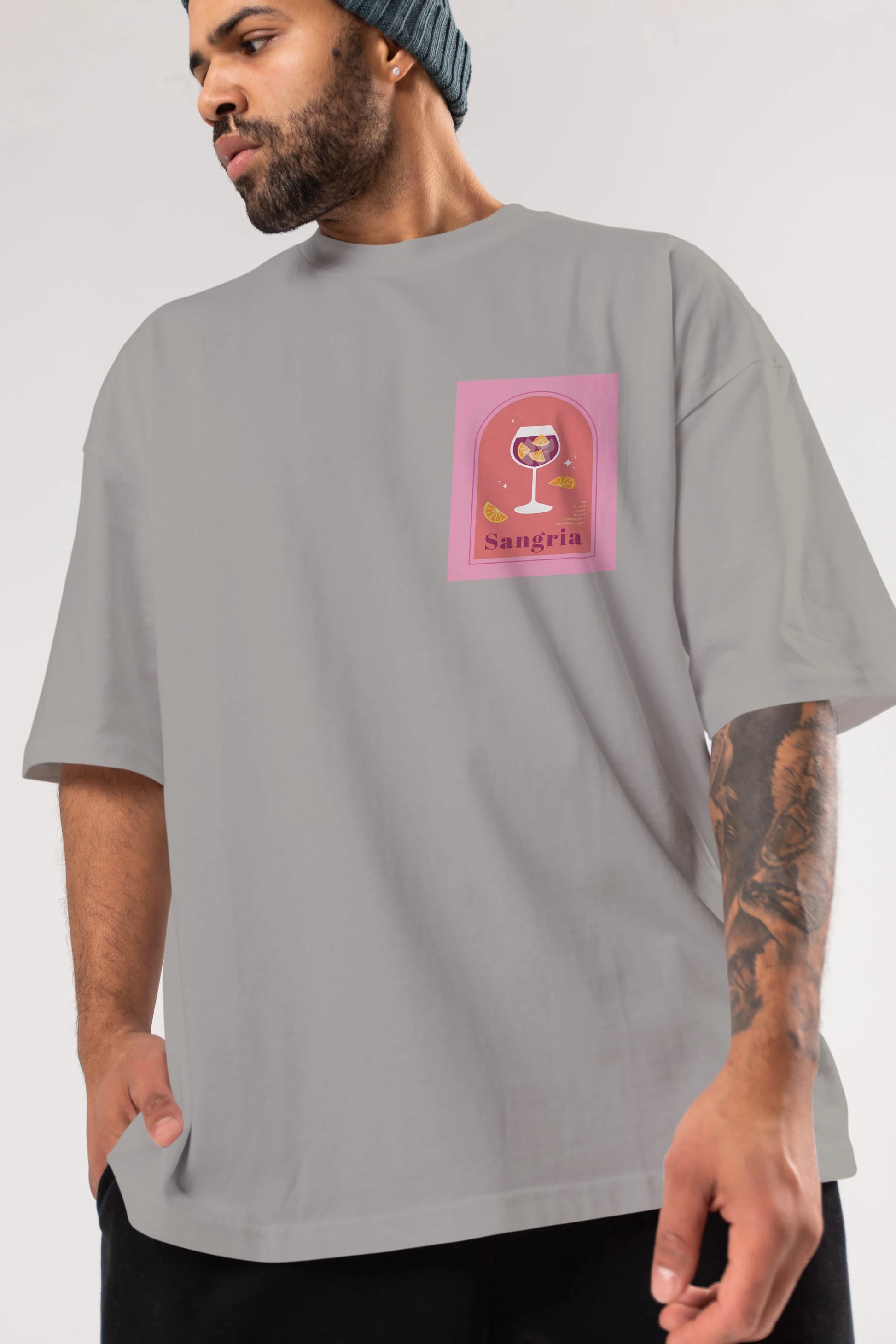 Sangria Ön Sol Baskılı Oversize t-shirt Erkek Kadın Unisex %100 Pamuk Bisiklet Yaka tişort