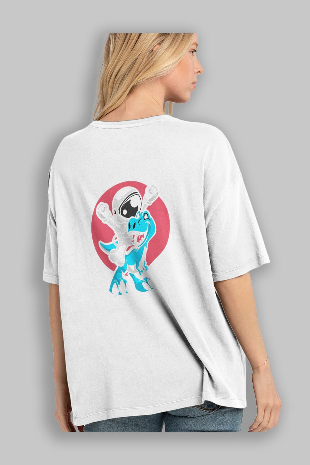 Astronaut Dino Arka Baskılı Oversize t-shirt Erkek Kadın Unisex %100 Pamuk tişort