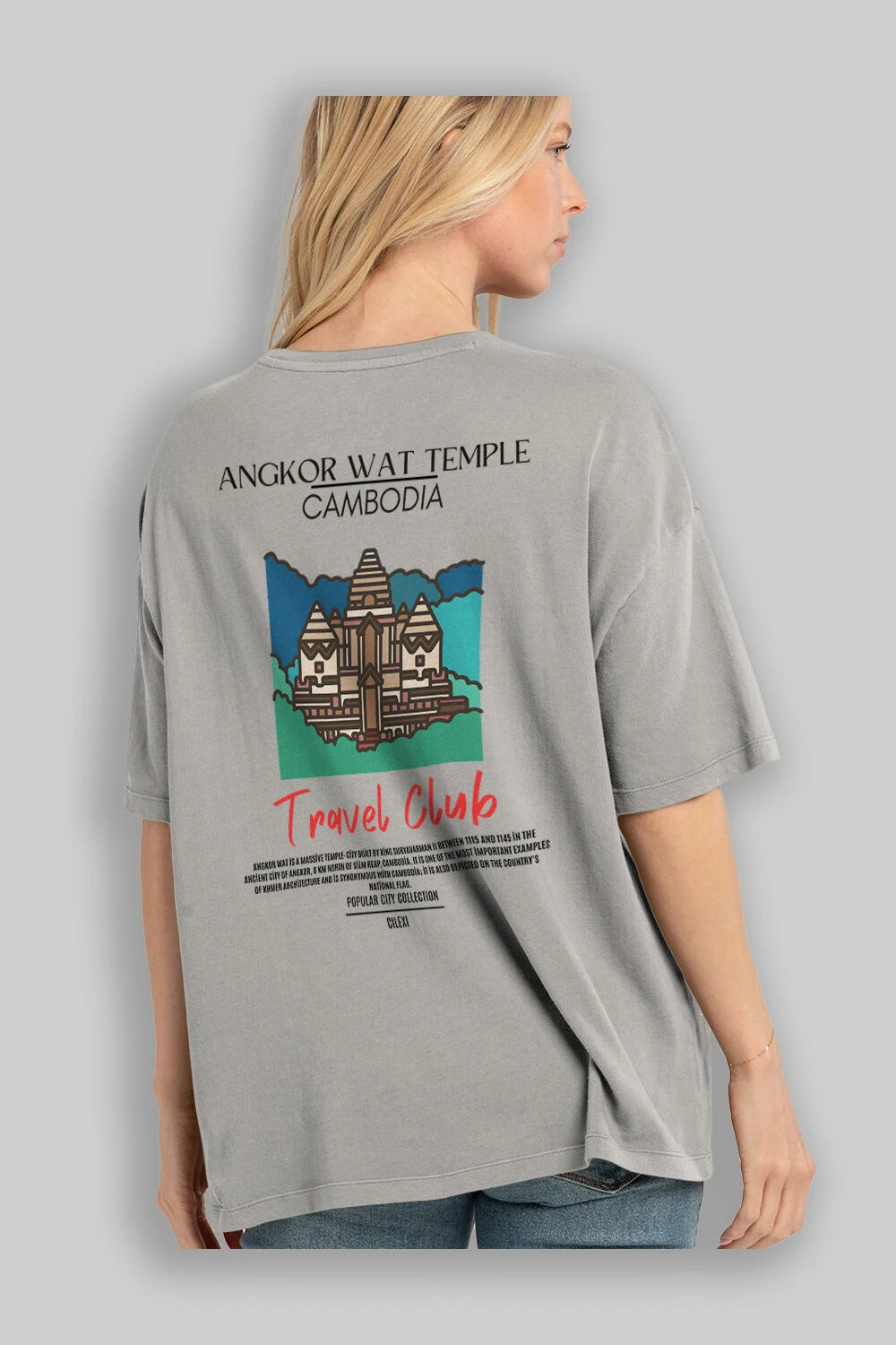 Angkor Wat Temple Cambodia Arka Baskılı Oversize t-shirt Erkek Kadın Pamuk Bisiklet Yaka tişort
