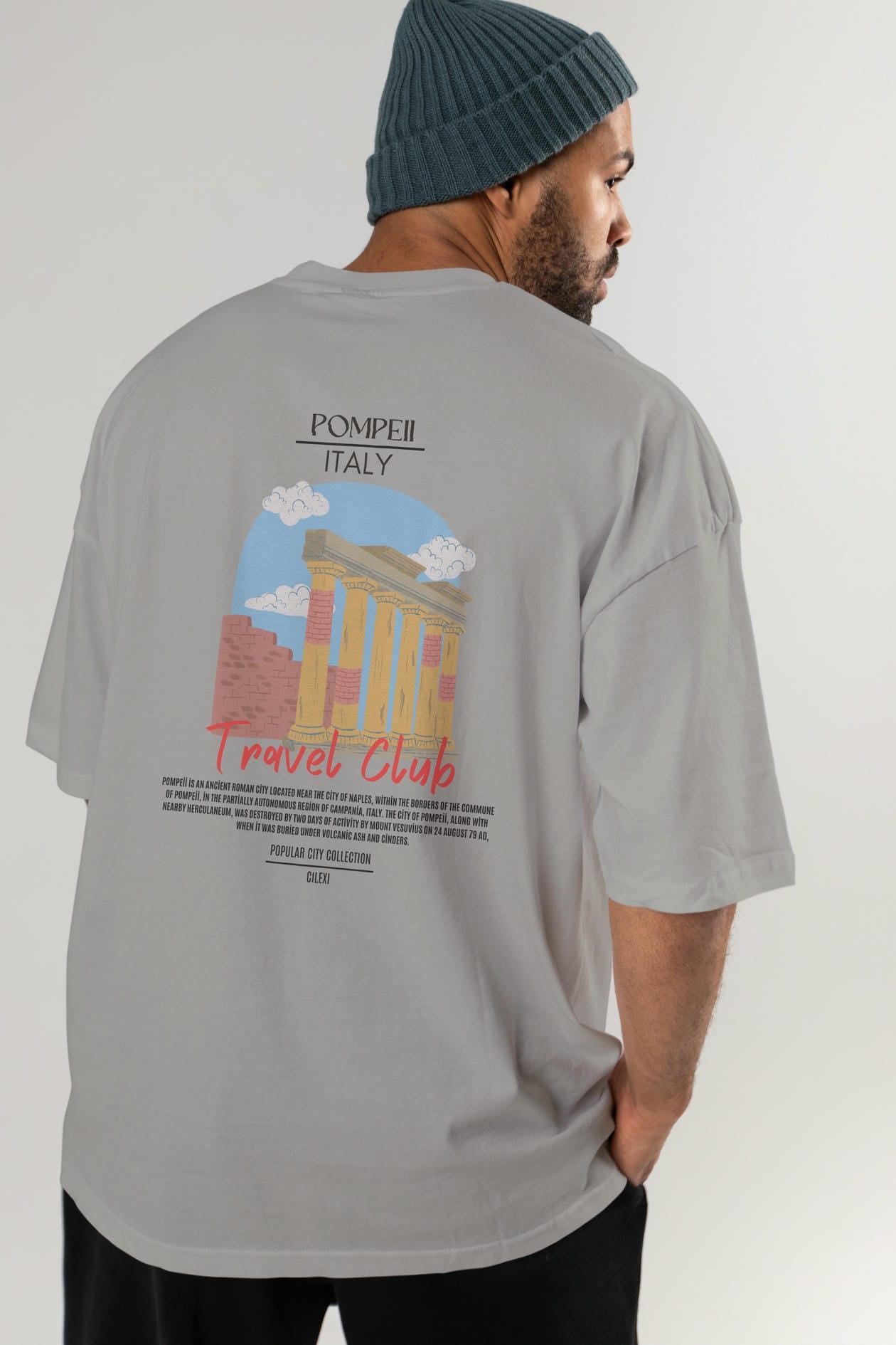 Pompeii İtaly Arka Baskılı Oversize t-shirt Erkek Kadın Pamuk Bisiklet Yaka tişort
