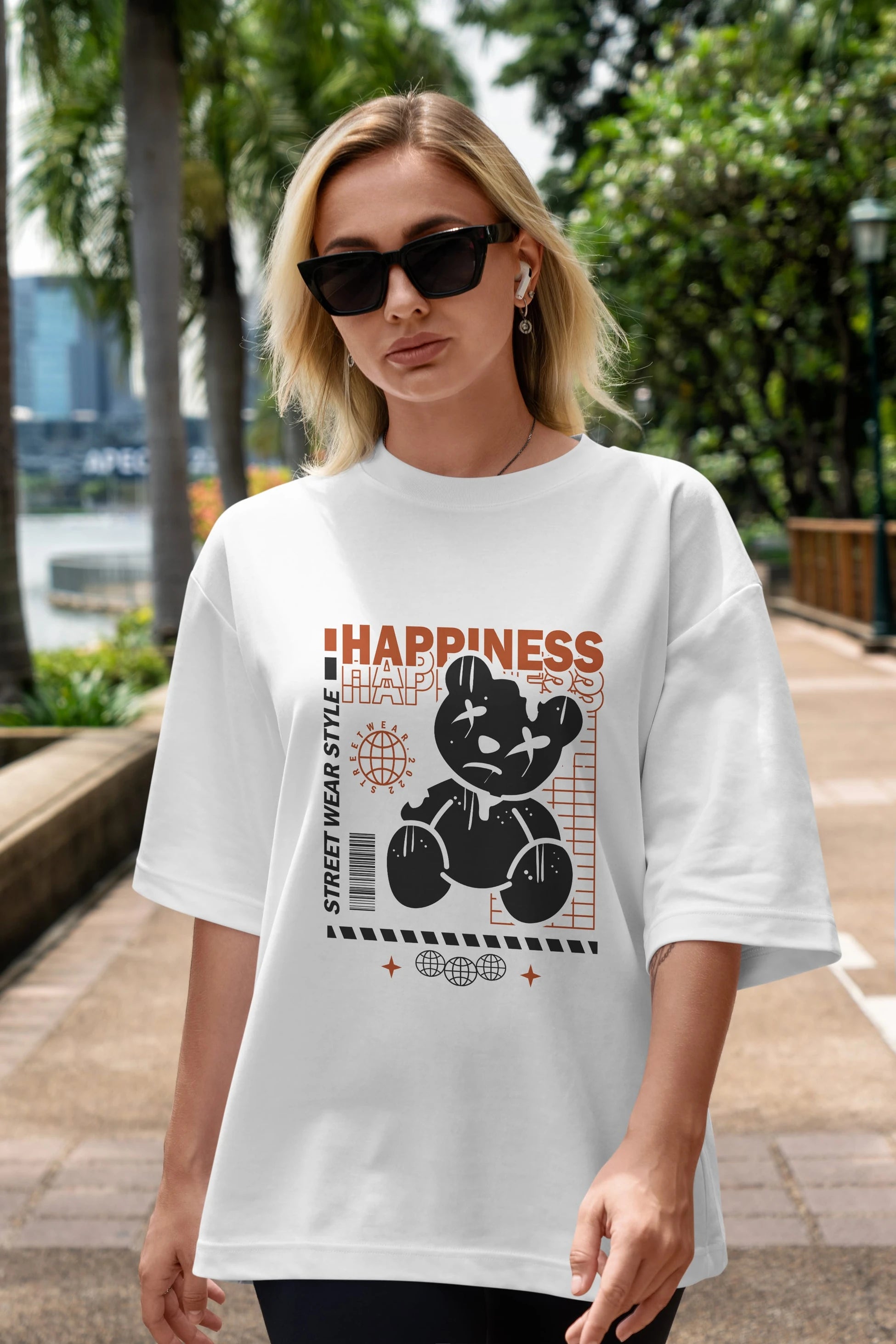 Happiness Bear 2 Ön Baskılı Oversize t-shirt Erkek Kadın Unisex