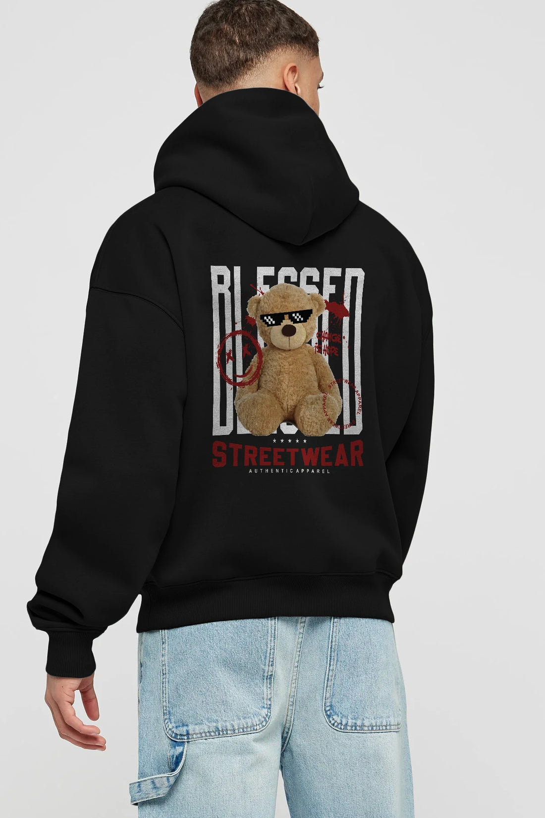 Blessed Bear Arka Baskılı Hoodie Oversize Kapüşonlu Sweatshirt Erkek Kadın Unisex