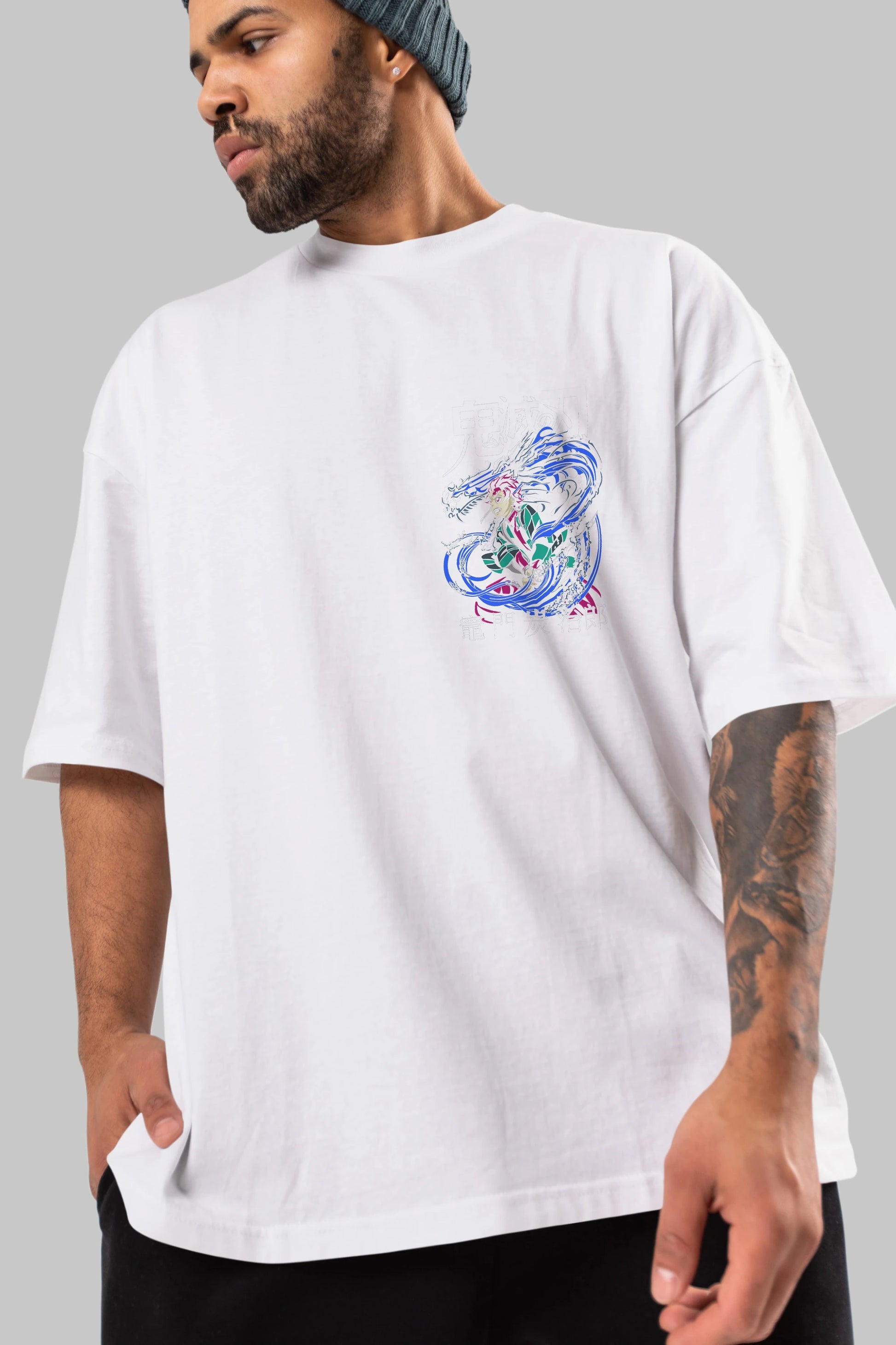 TANJIRO KAMADO 2 Ön Sol Baskılı Oversize t-shirt Erkek Kadın Unisex %100 Pamuk Bisiklet Yaka tişort