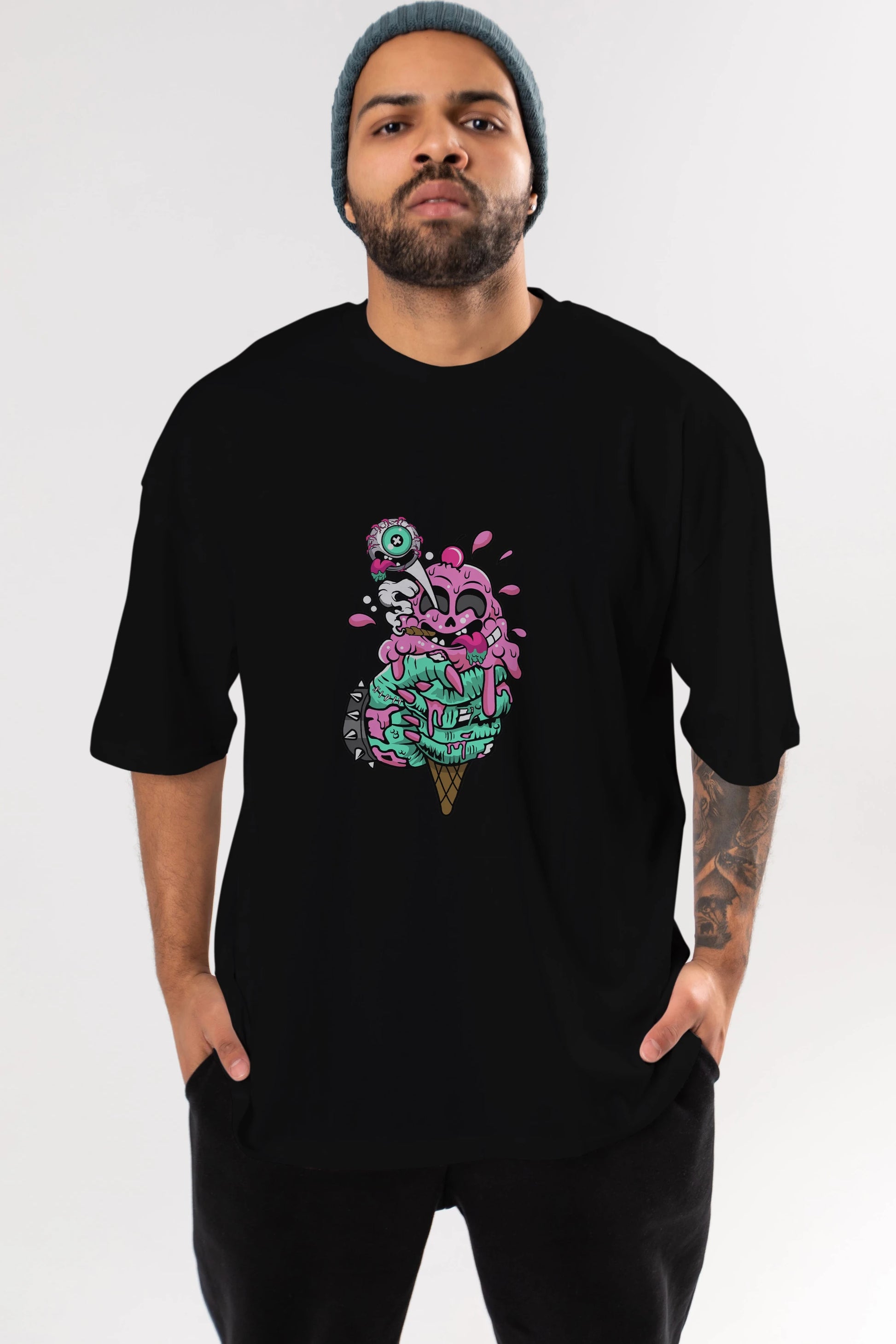 Ice Cream Zombie Ön Baskılı Oversize t-shirt Erkek Kadın Unisex %100 Pamuk tişort