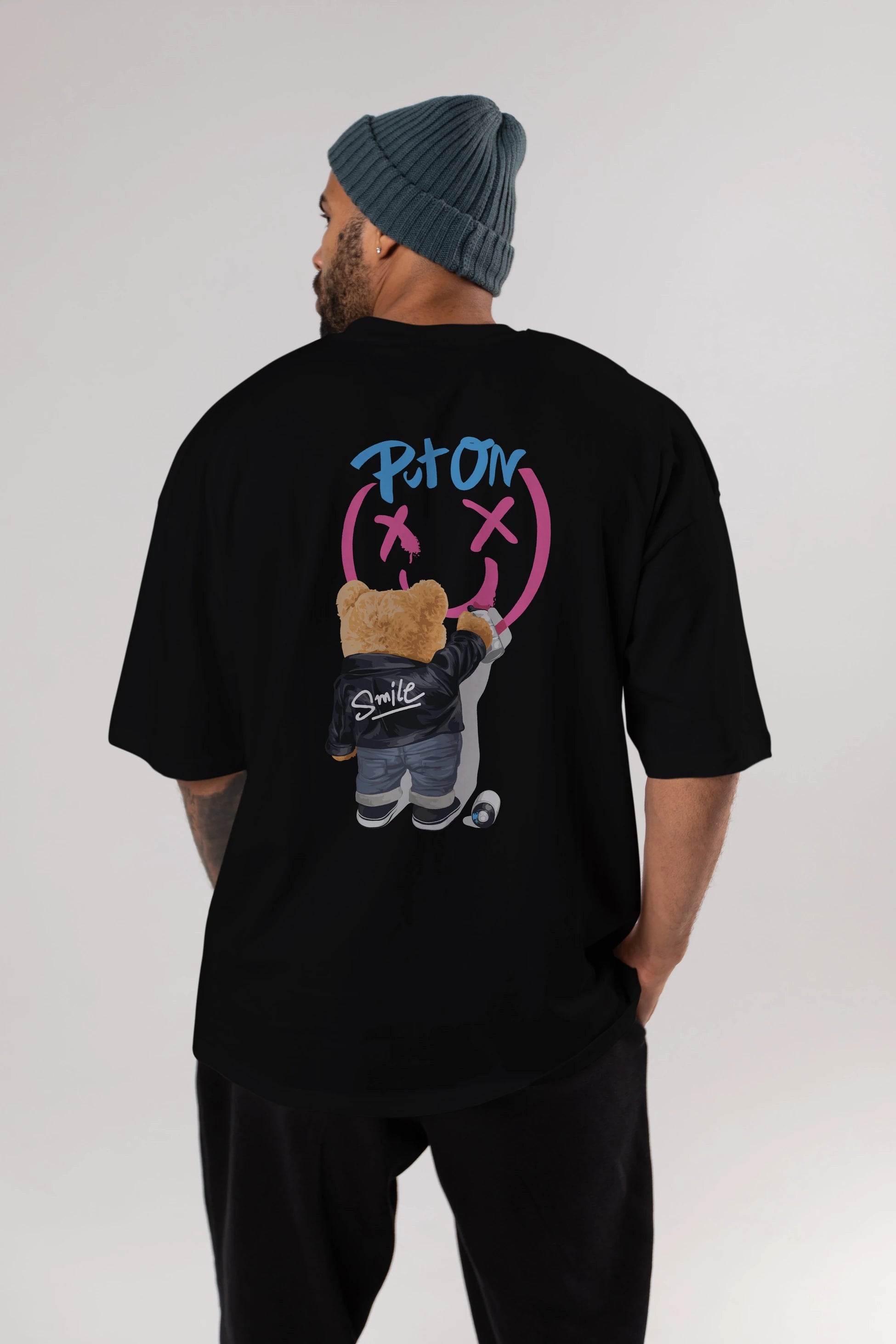 Put on Smile Bear Arka Baskılı Oversize t-shirt Erkek Kadın Unisex