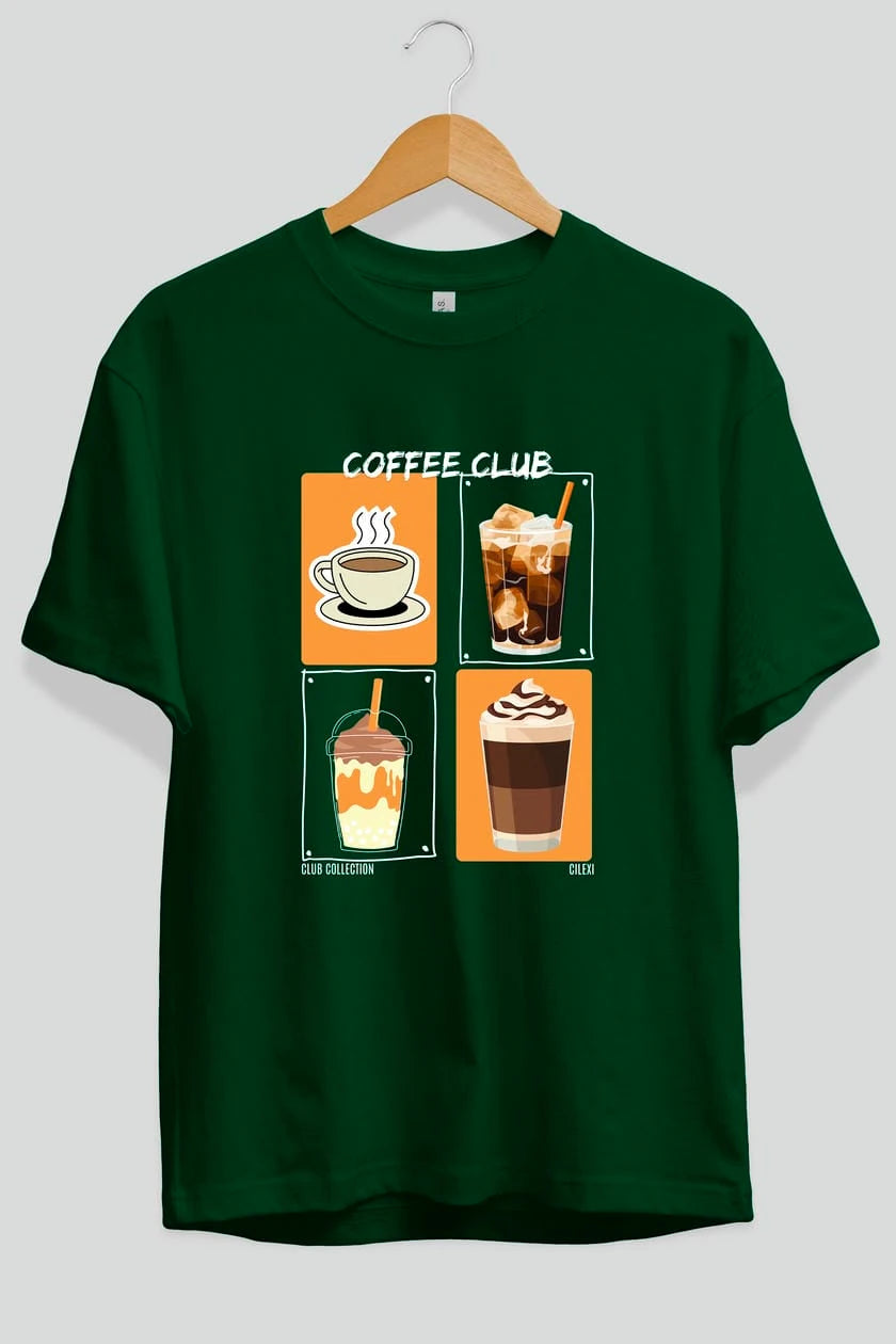Coffee Club ön Baskılı Oversize t-shirt Erkek Kadın %100 Pamuk Bisiklet Yaka tişort
