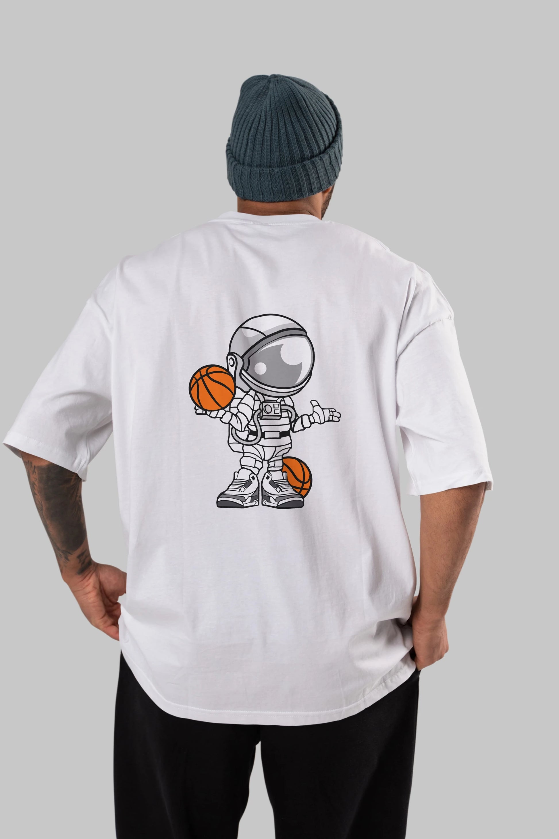 Astronaut Basketball Player Arka Baskılı Oversize t-shirt Erkek Kadın Unisex %100 Pamuk tişort