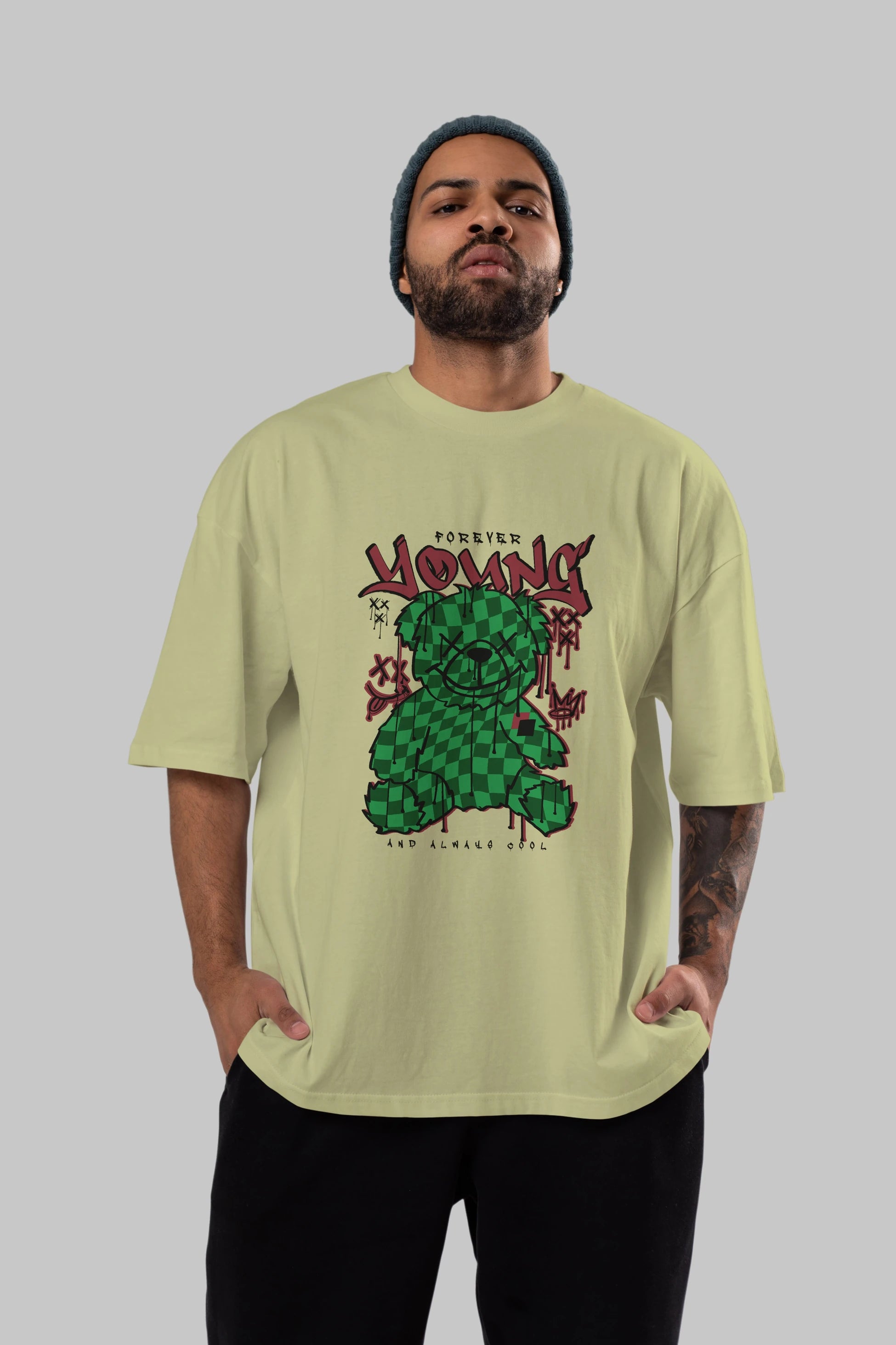 Young and Always Cool Bear Ön Baskılı Oversize t-shirt Erkek Kadın Unisex