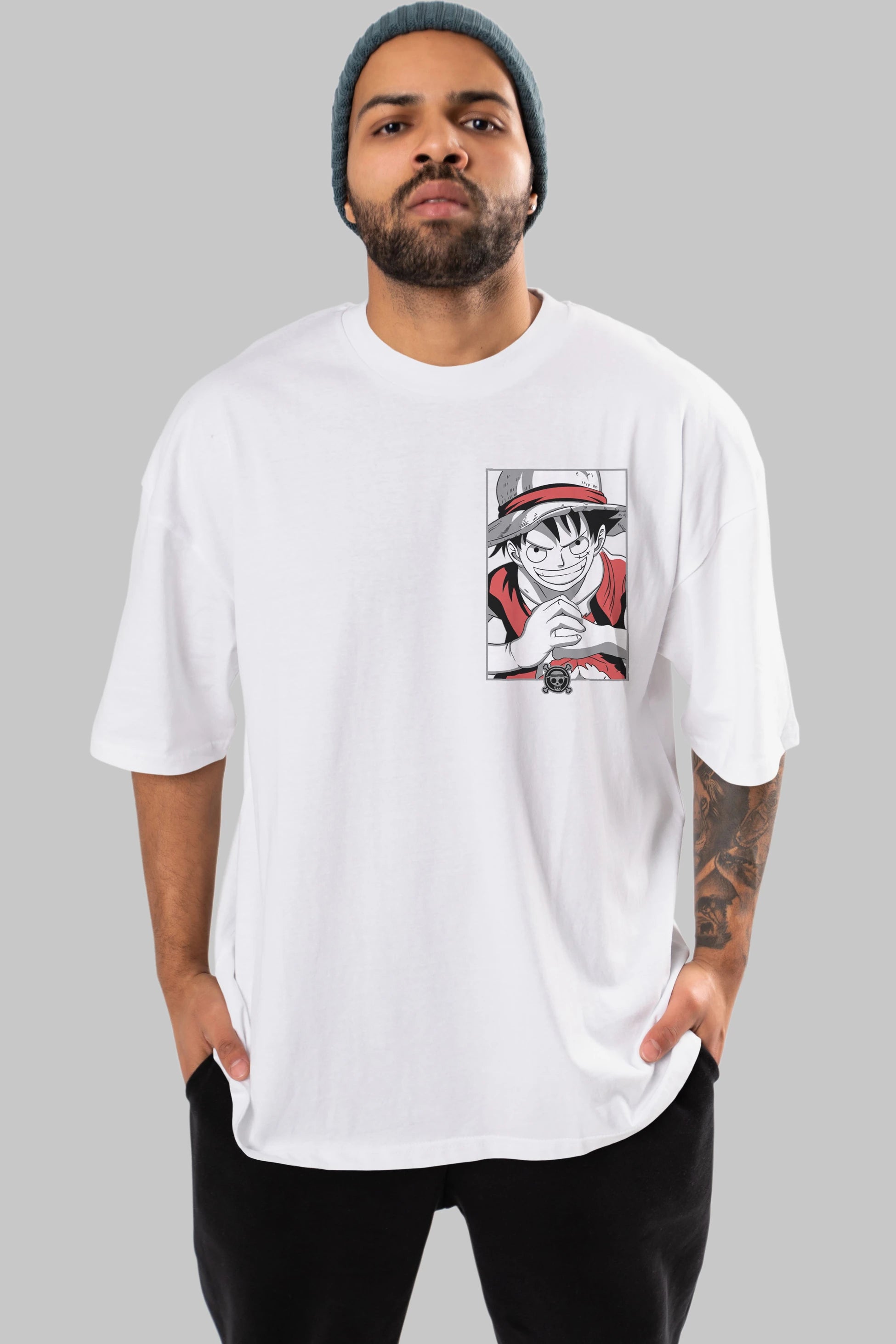 LUFF D. MONKEY OnePiece Ön Sol Baskılı Oversize t-shirt Erkek Kadın Unisex %100 Pamuk Bisiklet Yaka tişort