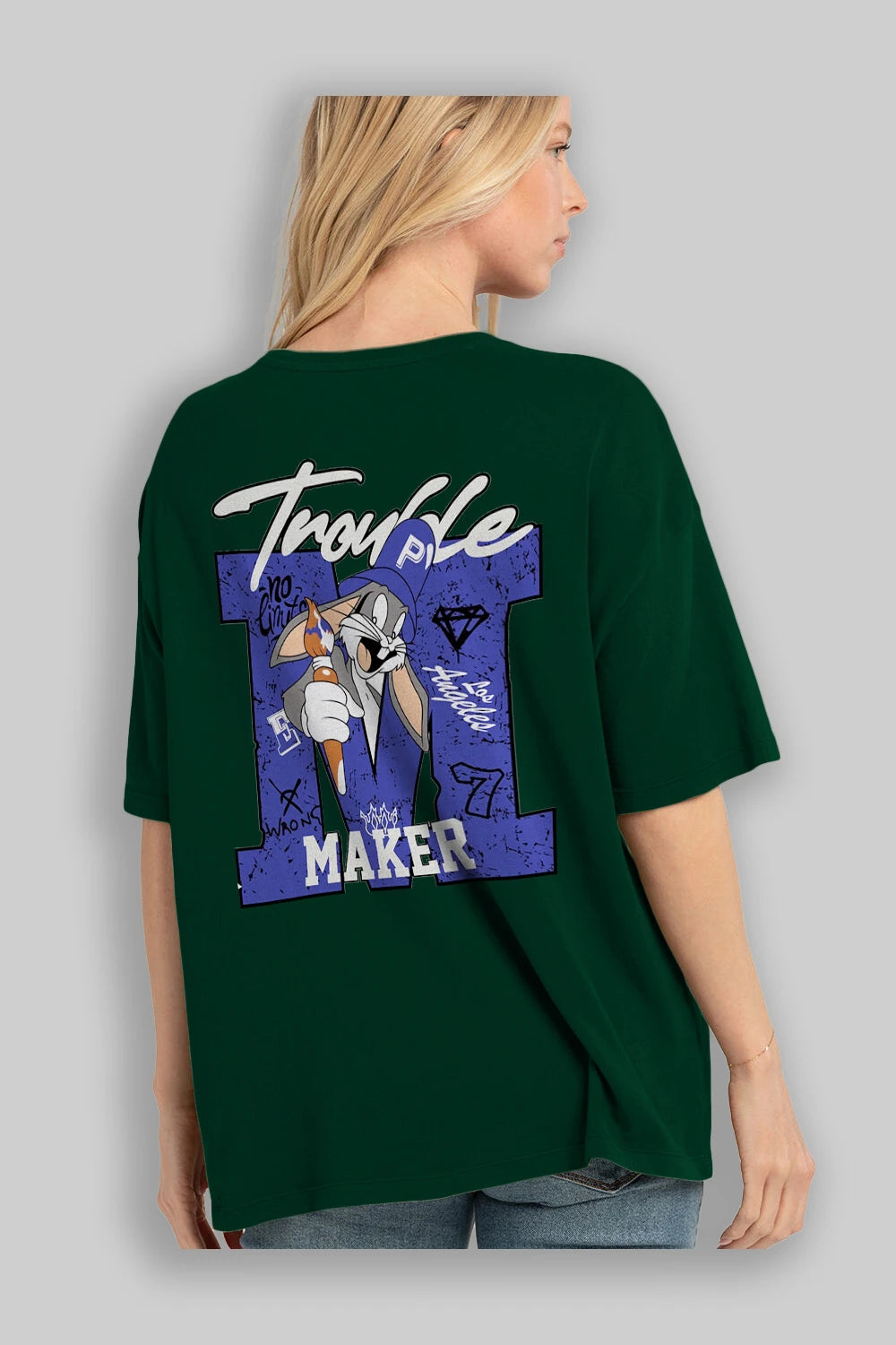 Bugs Bunny Arka Baskılı Oversize t-shirt Erkek Kadın Unisex %100 Pamuk Bisiklet Yaka tişort