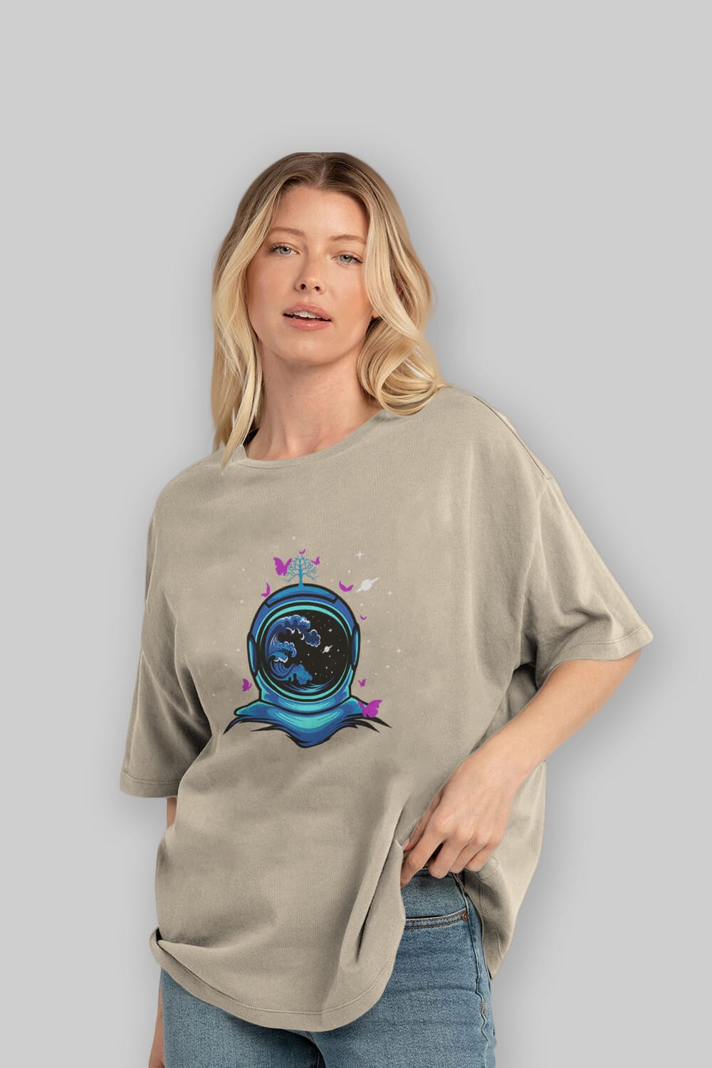 Astronaut and Butterfly Ön Baskılı Oversize t-shirt Erkek Kadın Unisex