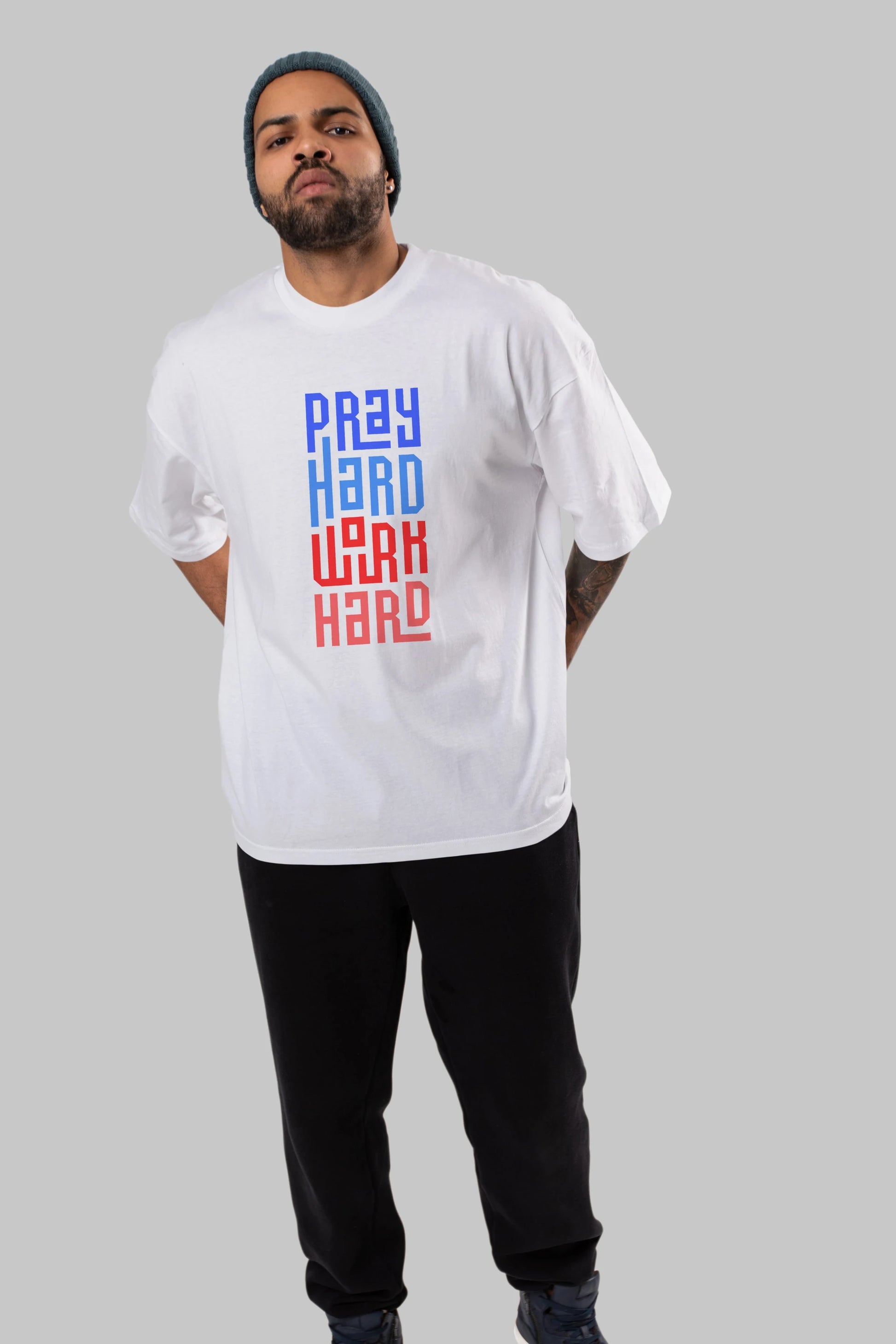 Pray Hard Work Hard Yazılı Ön Baskılı Oversize t-shirt Erkek Kadın Unisex