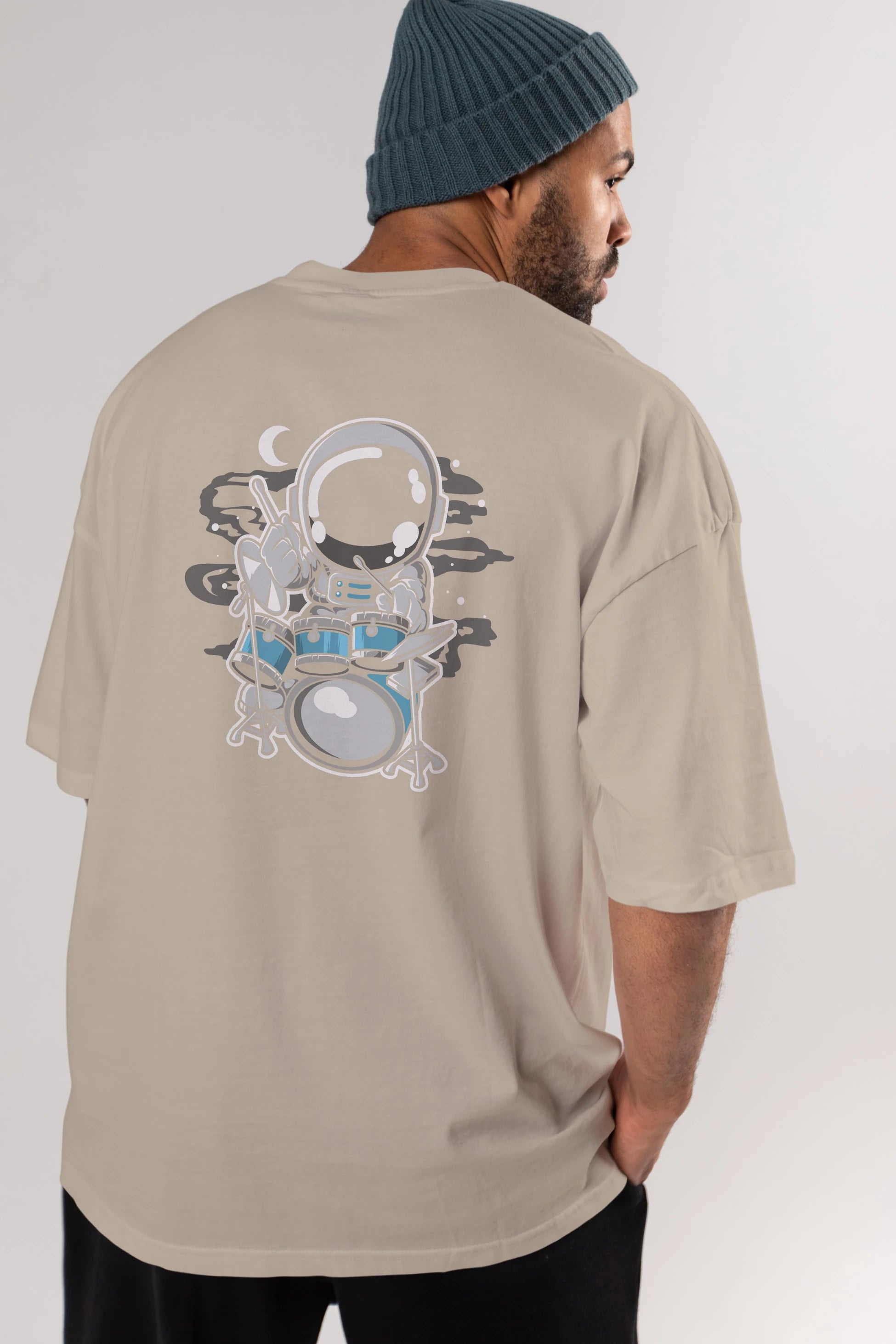 Astronaut Drummer Arka Baskılı Oversize t-shirt Erkek Kadın Unisex