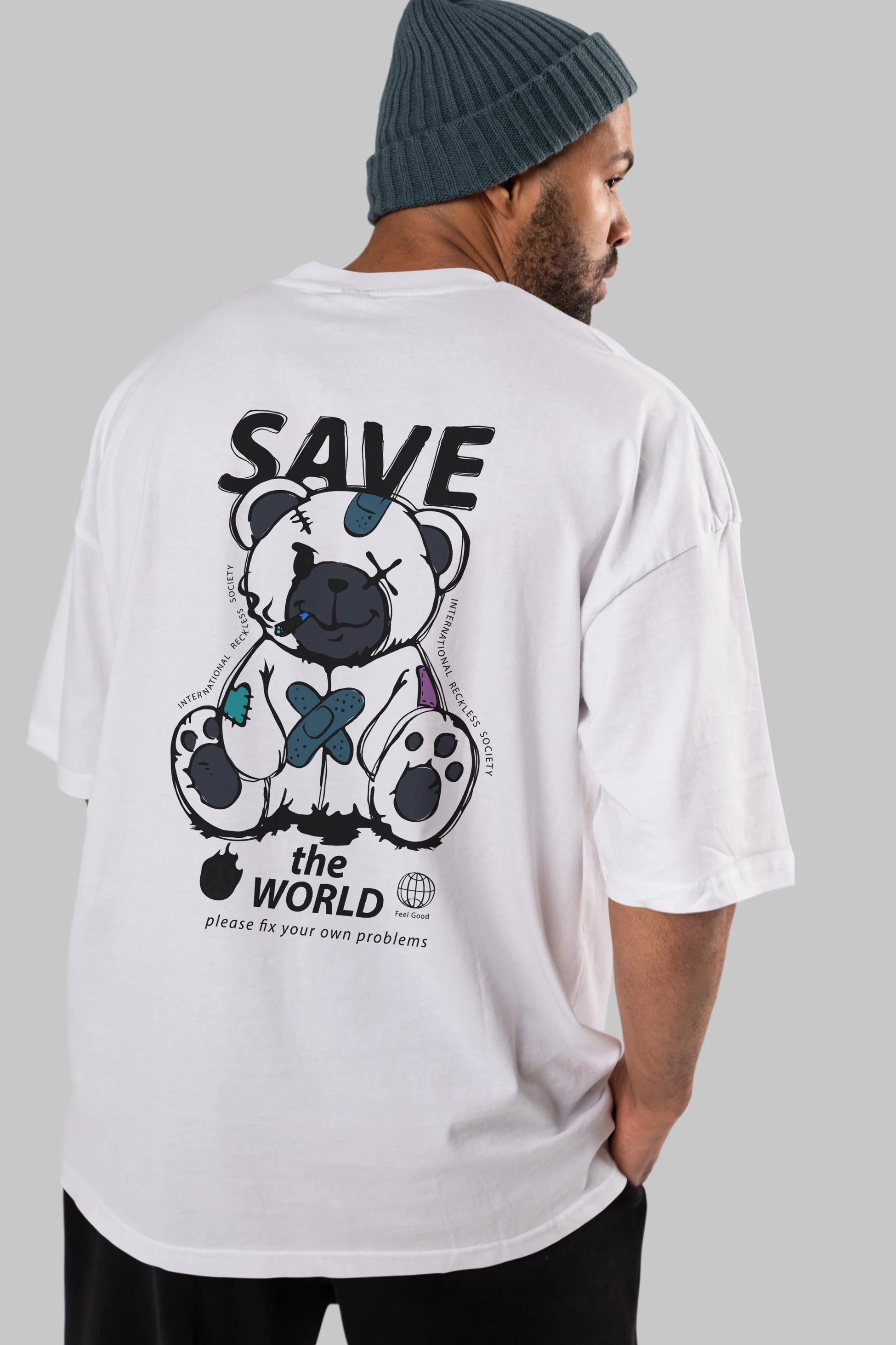 Save the World Bear Arka Baskılı Oversize t-shirt Erkek Kadın Unisex