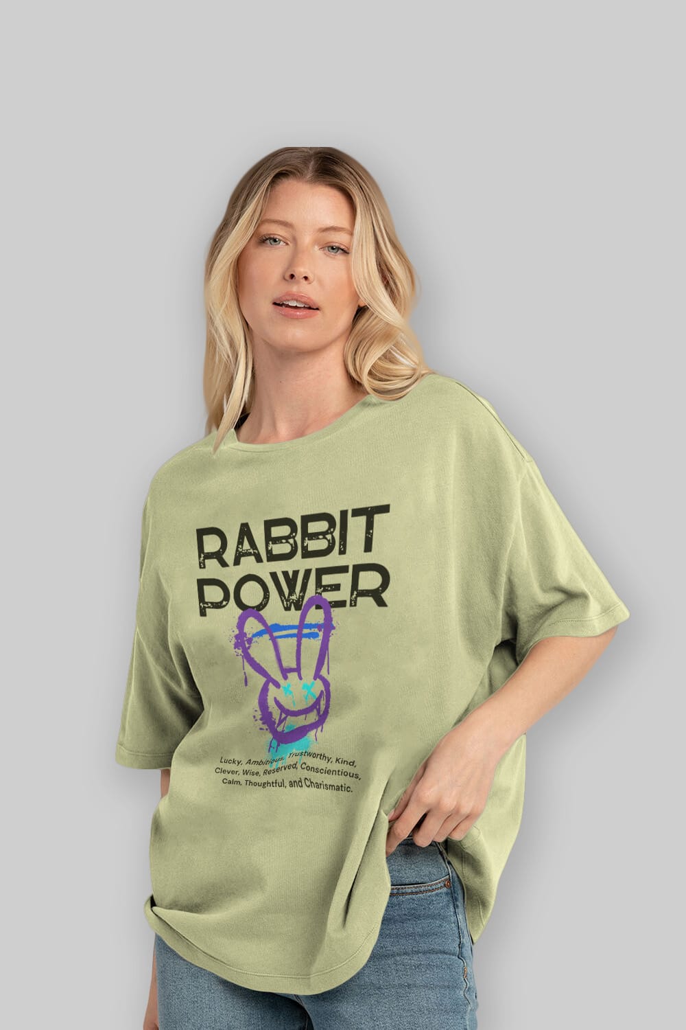 Rabbit Power Yazılı Ön Baskılı Oversize t-shirt Erkek Kadın Unisex