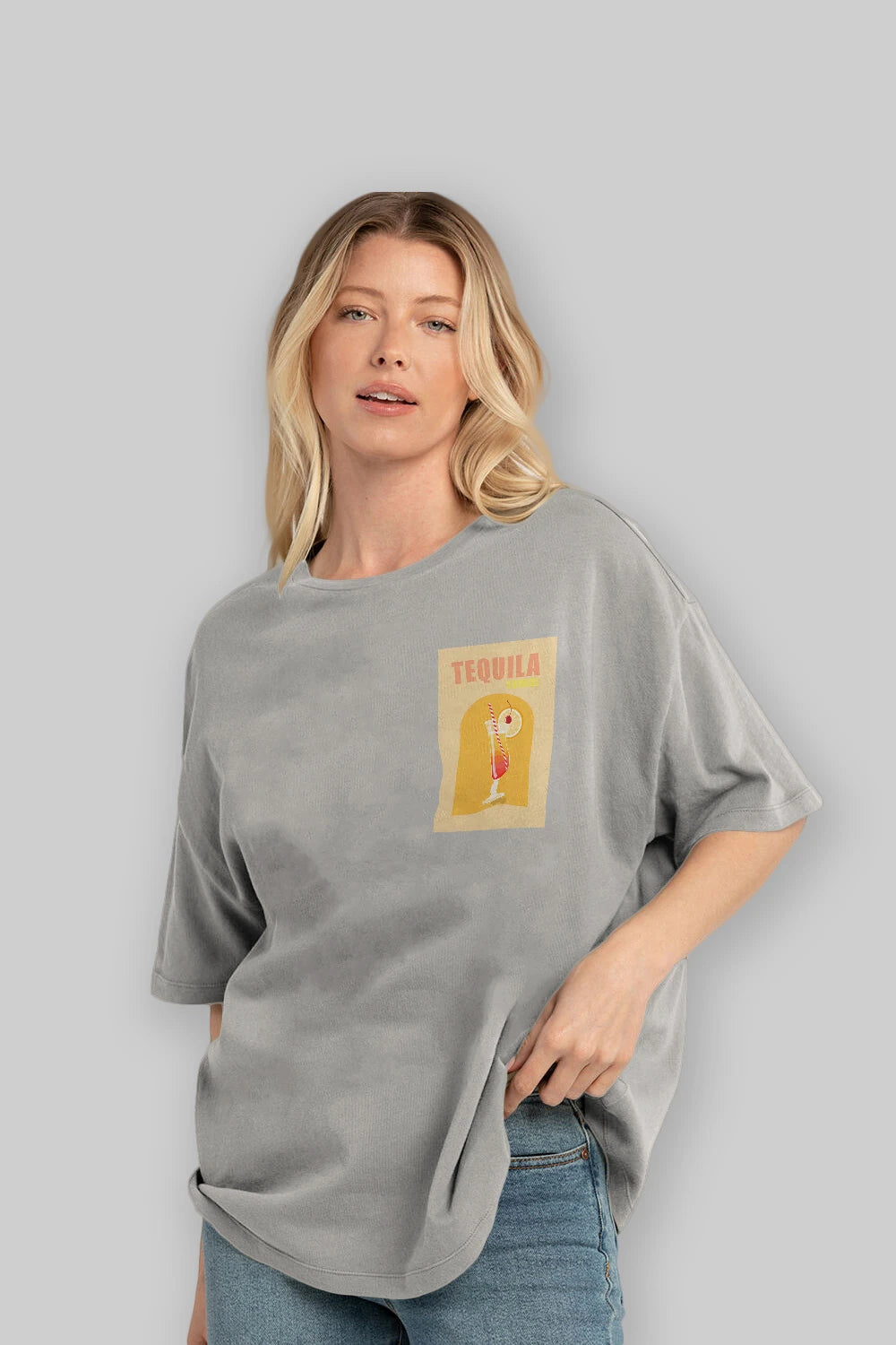 Tequila Sunrise Ön Sol Baskılı Oversize t-shirt Erkek Kadın Unisex %100 Pamuk Bisiklet Yaka tişort