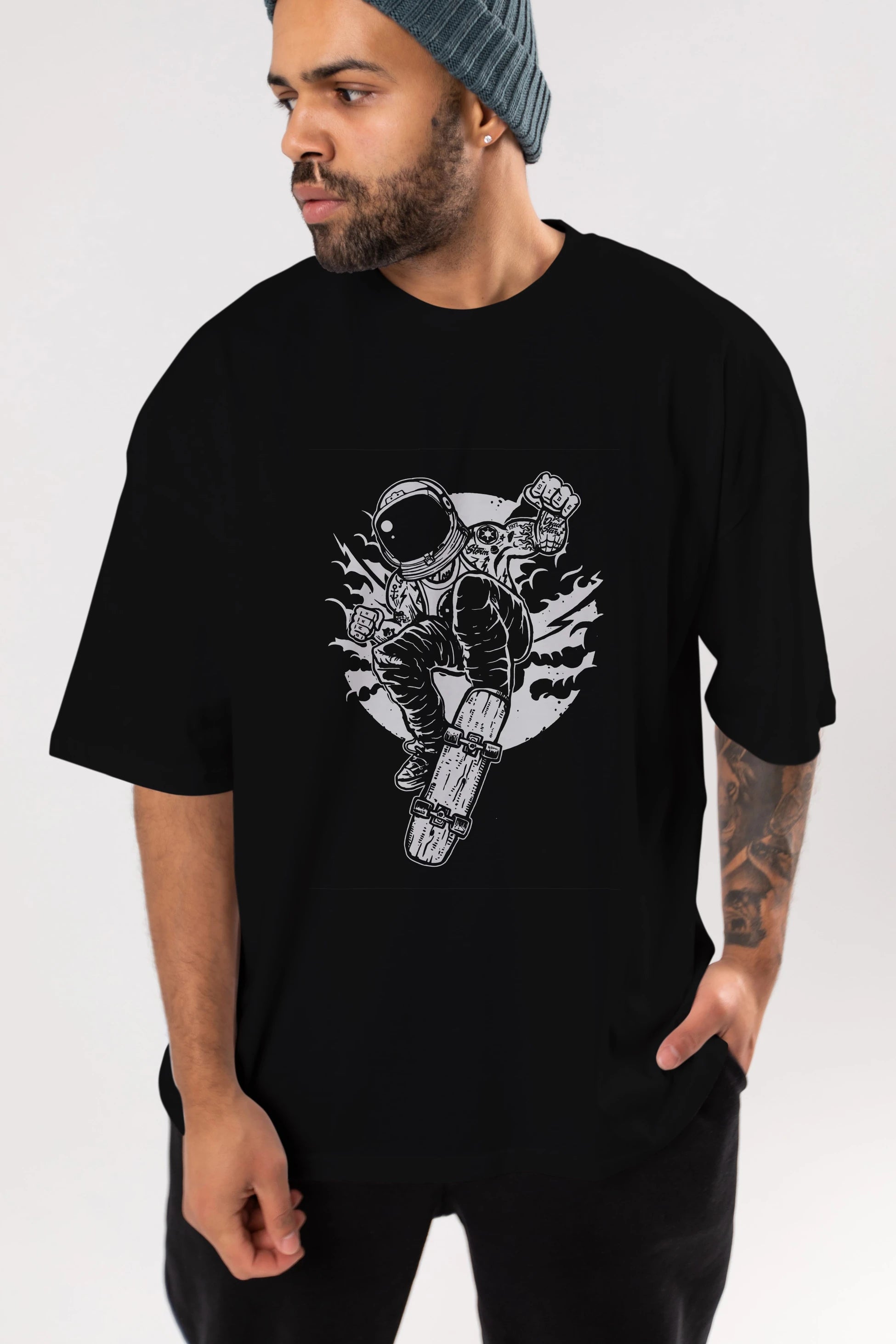 Space Skater Ön Baskılı Oversize t-shirt Erkek Kadın Unisex %100 Pamuk tişort