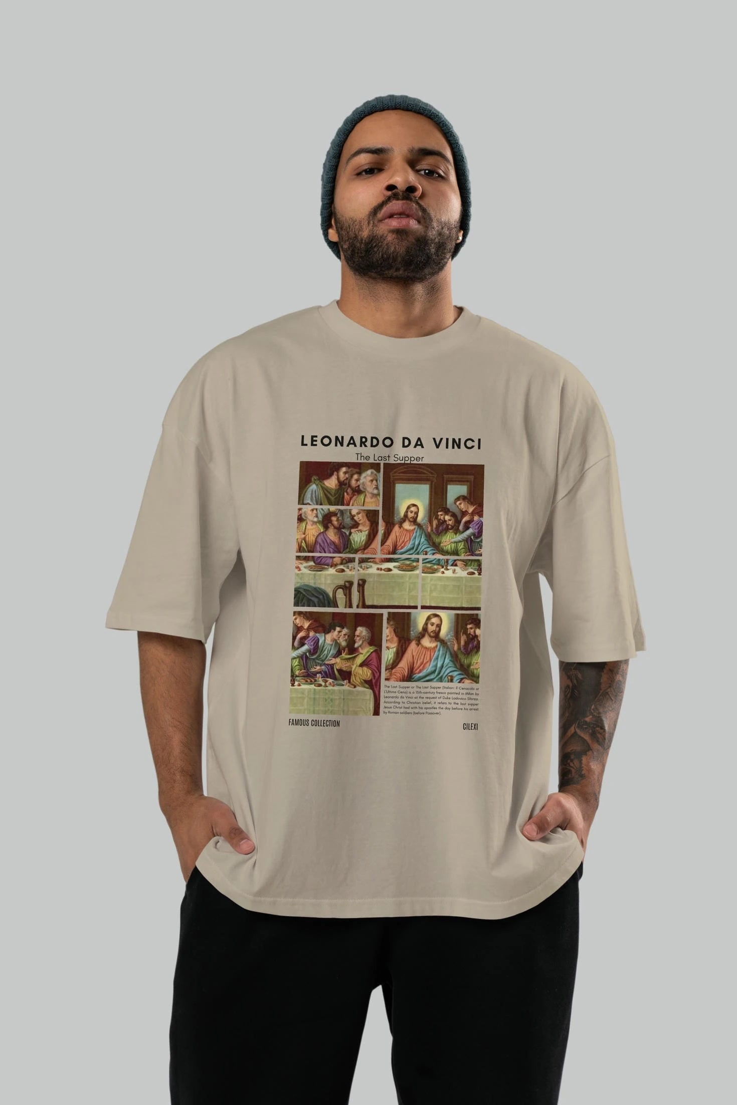 Leonardo Da Vinci ön Baskılı Oversize t-shirt Erkek Kadın Bisiklet Yaka Pamuk tişort