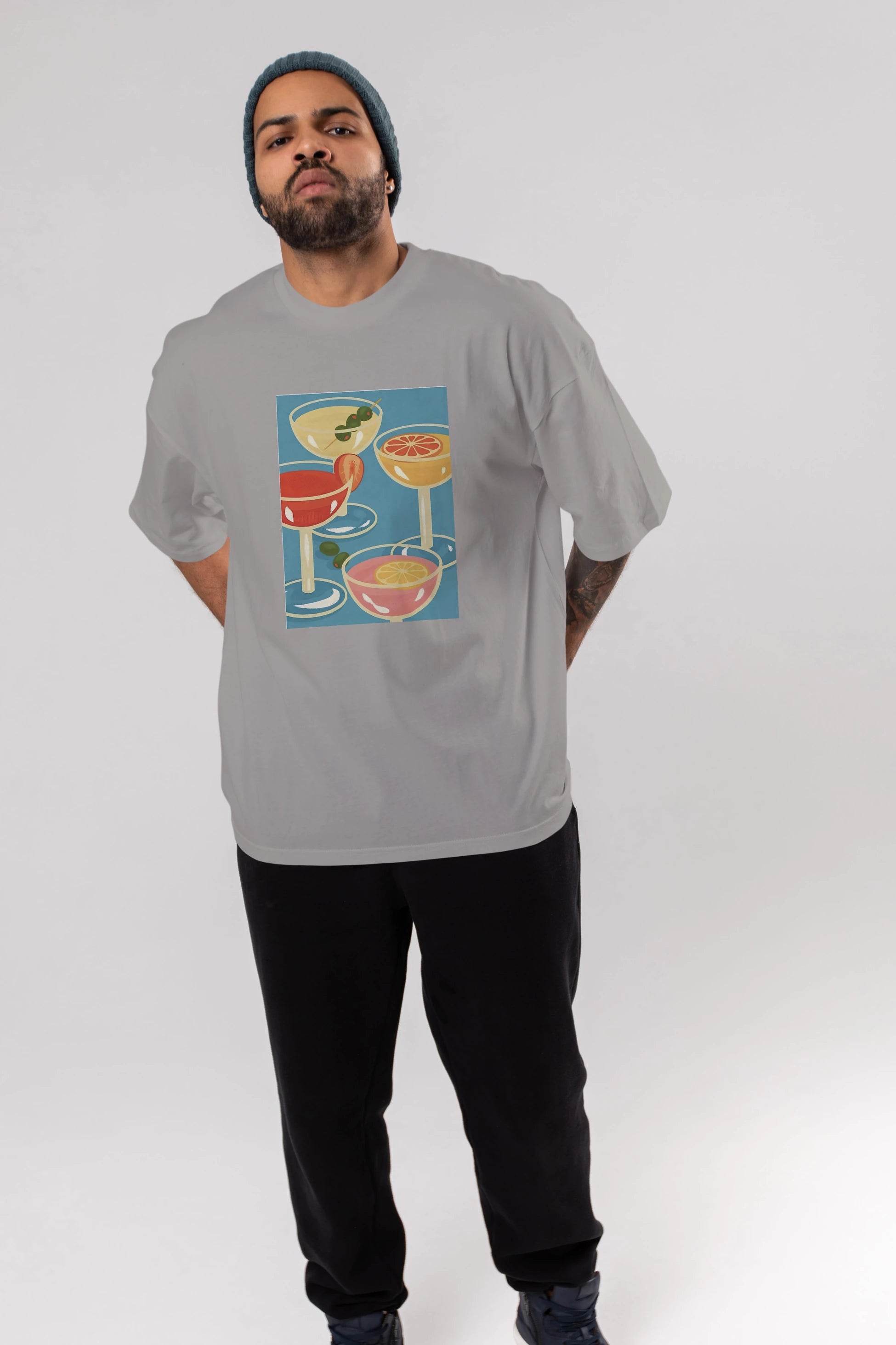 Cocktails Ön Baskılı Oversize t-shirt Erkek Kadın Unisex %100 Pamuk Bisiklet Yaka tişort