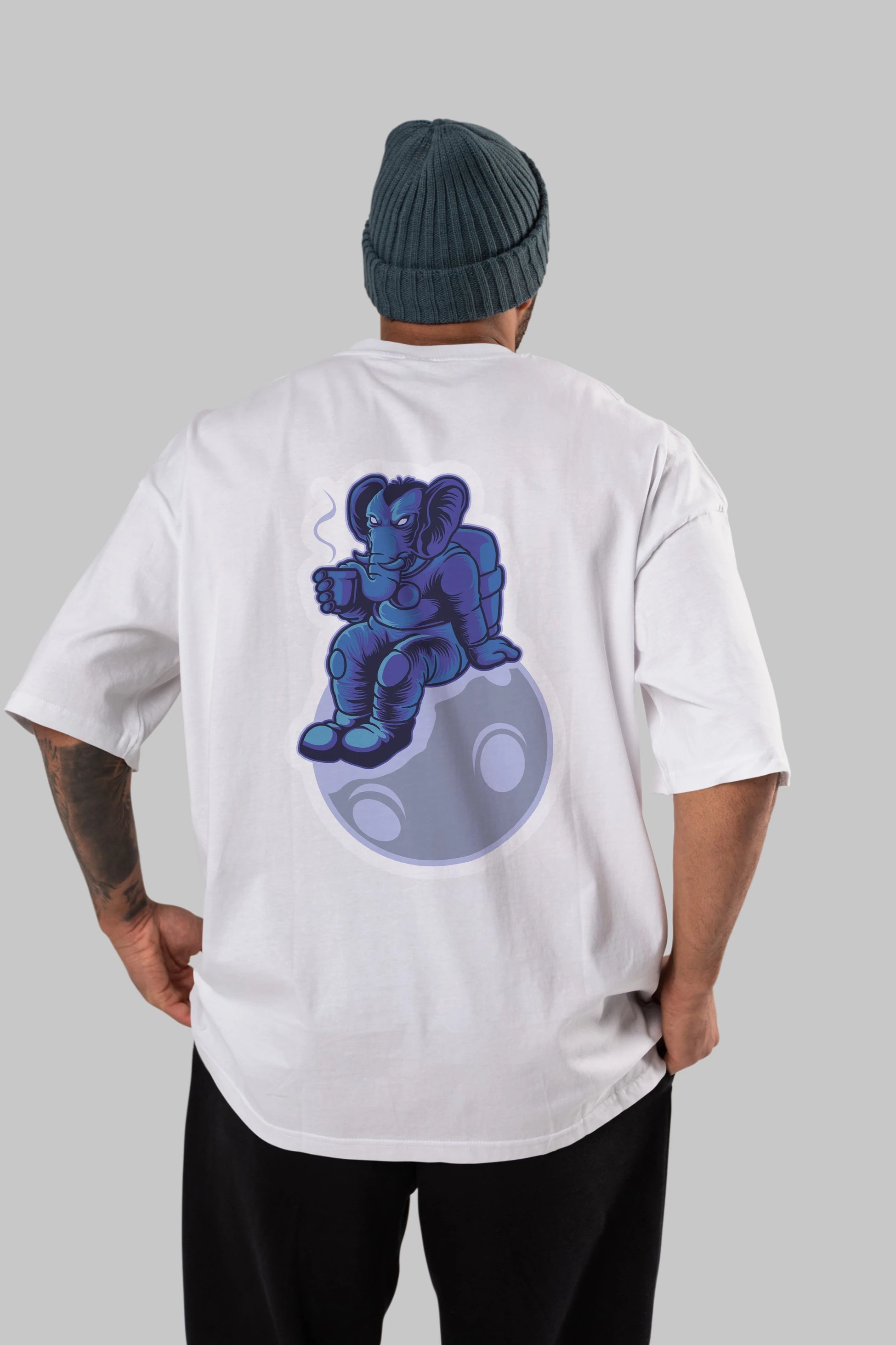 Space Elephant Drink Coffee Sticker Arka Baskılı Oversize t-shirt Erkek Kadın Unisex
