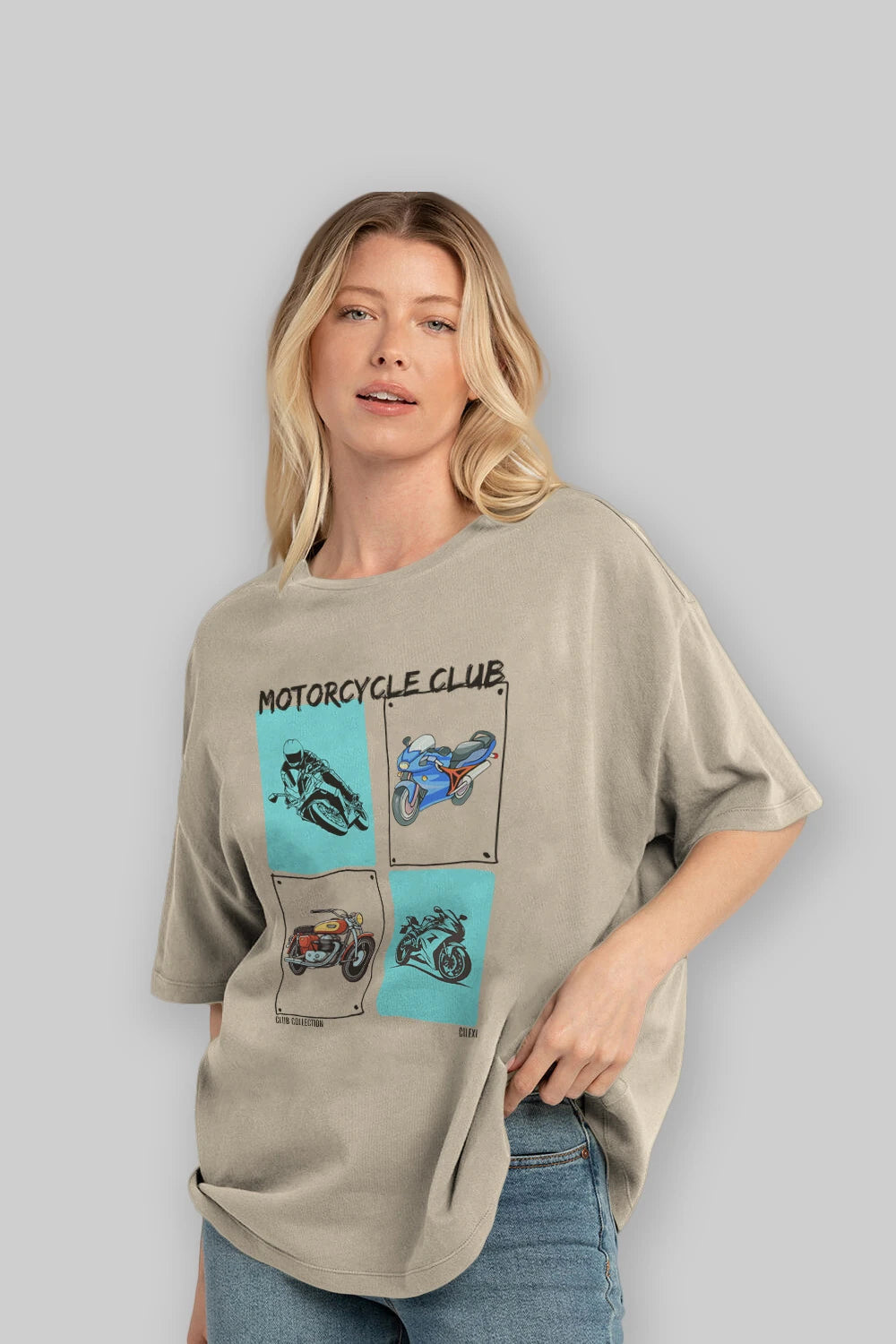 Motorcycle Club ön Baskılı Oversize t-shirt Erkek Kadın %100 Pamuk Bisiklet Yaka tişort